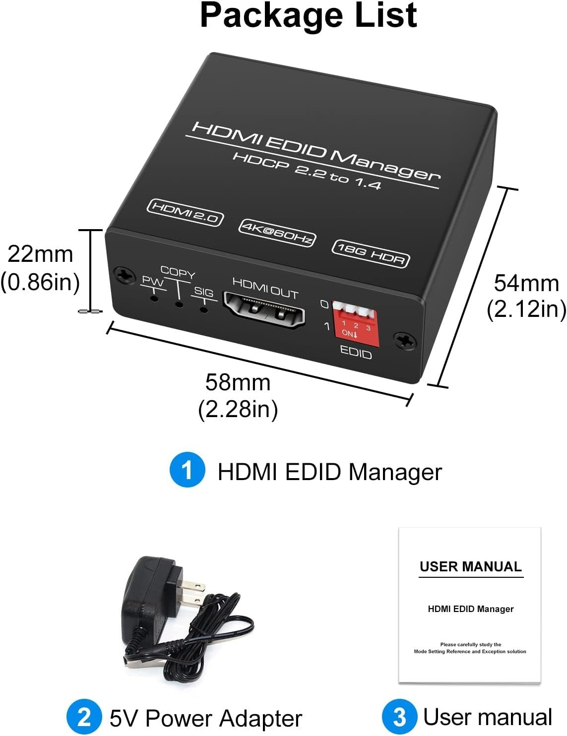 HDMI EDID -emulaattori – HDMI 2.0b 4K60Hz 18Gbps HDCP2.2 CEC HDR YUV 4:4:4