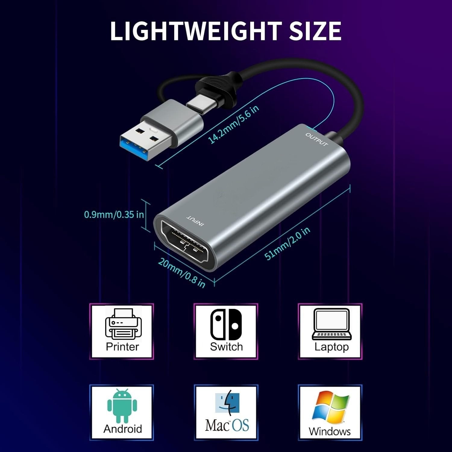 HDMI-USB-sovitin videotallennukseen 4K 30Hz USB-A ja USB-C