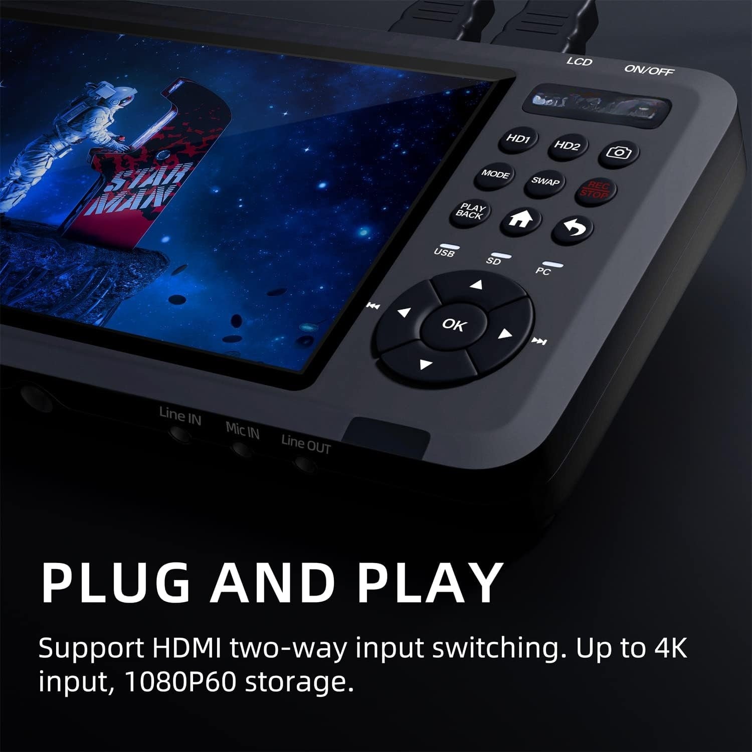 HD-videotallennuslaite, video HDMI:stä, RCA:sta, VHS:stä, VCR:stä, DVD:stä, videokamerasta, Hi8:sta