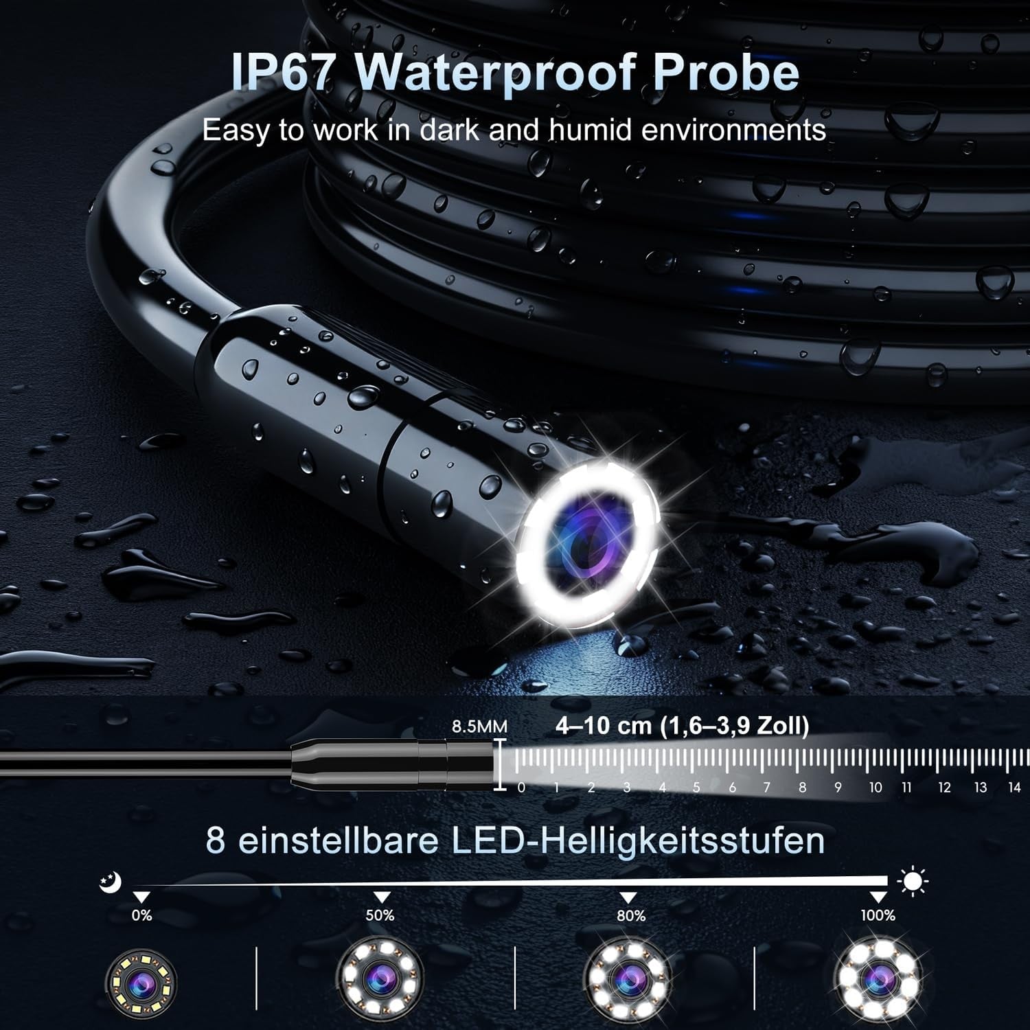 NÖRDIC 5m Endoskooppikamera, 4,3" IPS-digitaalinäyttö, 1080P HD -kamera 8 LED-valolla, IP67-vesitiivis tarkastuskamera