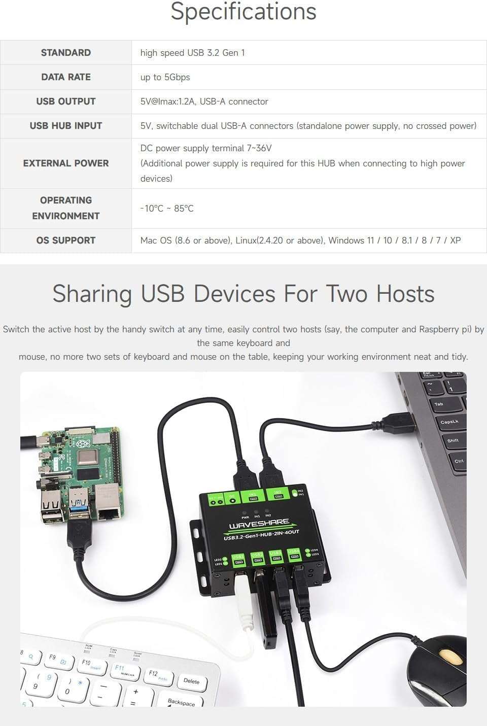 Teollinen USB HUB kahdelle tietokoneelle neljään USB 3.2-porttiin, vaihdettava, asennettava, yhteensopiva Windows Linux Mac