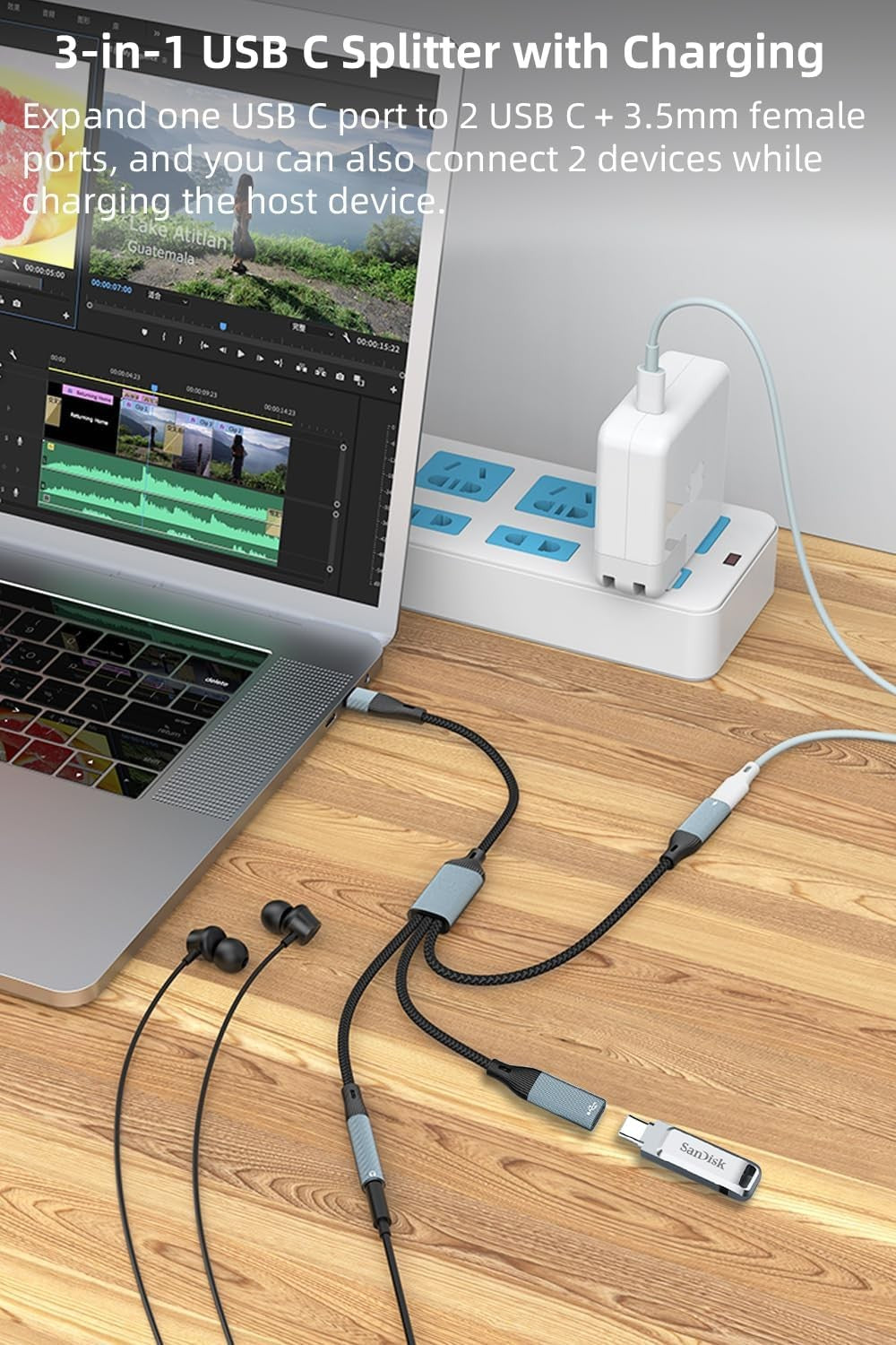 NÖRDIC USB-C-jakaja 1:stä 3:een, 1xUSB-C 1xUSB-C PD60W 1x3,5mm kuulokeliitäntä OTG-kaapeli