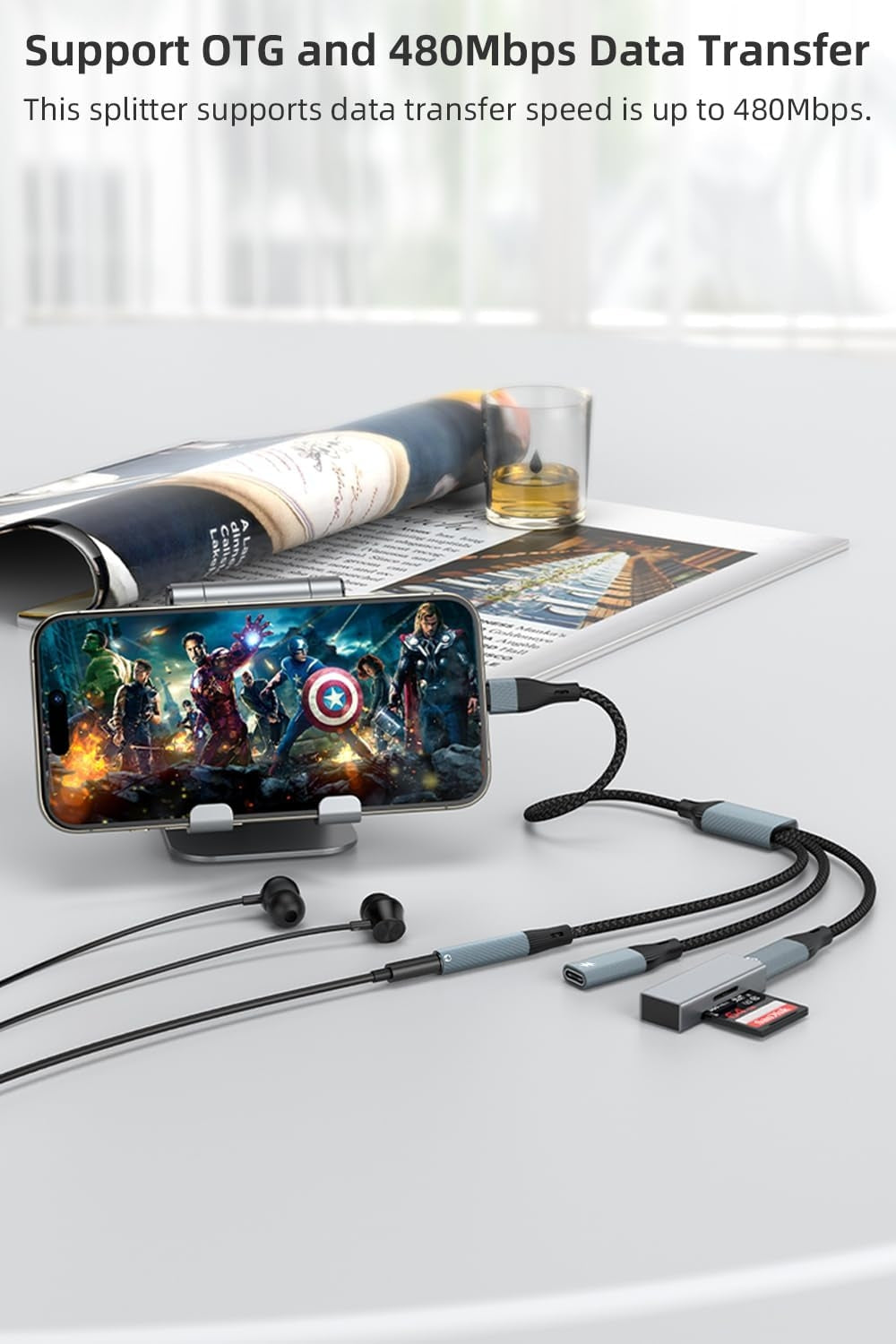 NÖRDIC USB-C-jakaja 1:stä 3:een, 1xUSB-C 1xUSB-C PD60W 1x3,5mm kuulokeliitäntä OTG-kaapeli