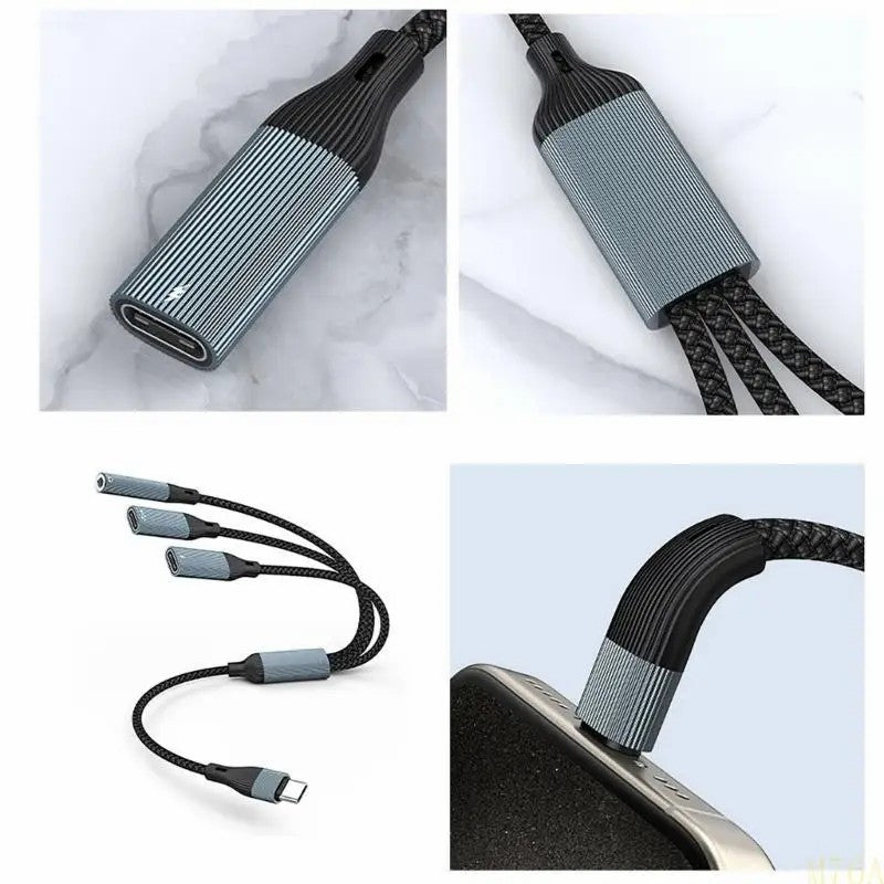 NÖRDIC USB-C-jakaja 1:stä 3:een, 1xUSB-C 1xUSB-C PD60W 1x3,5mm kuulokeliitäntä OTG-kaapeli