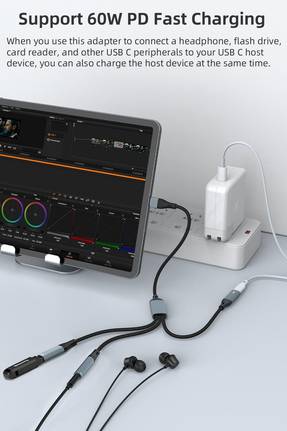 NÖRDIC USB-C-jakaja 1:stä 3:een, 1xUSB-C 1xUSB-C PD60W 1x3,5mm kuulokeliitäntä OTG-kaapeli