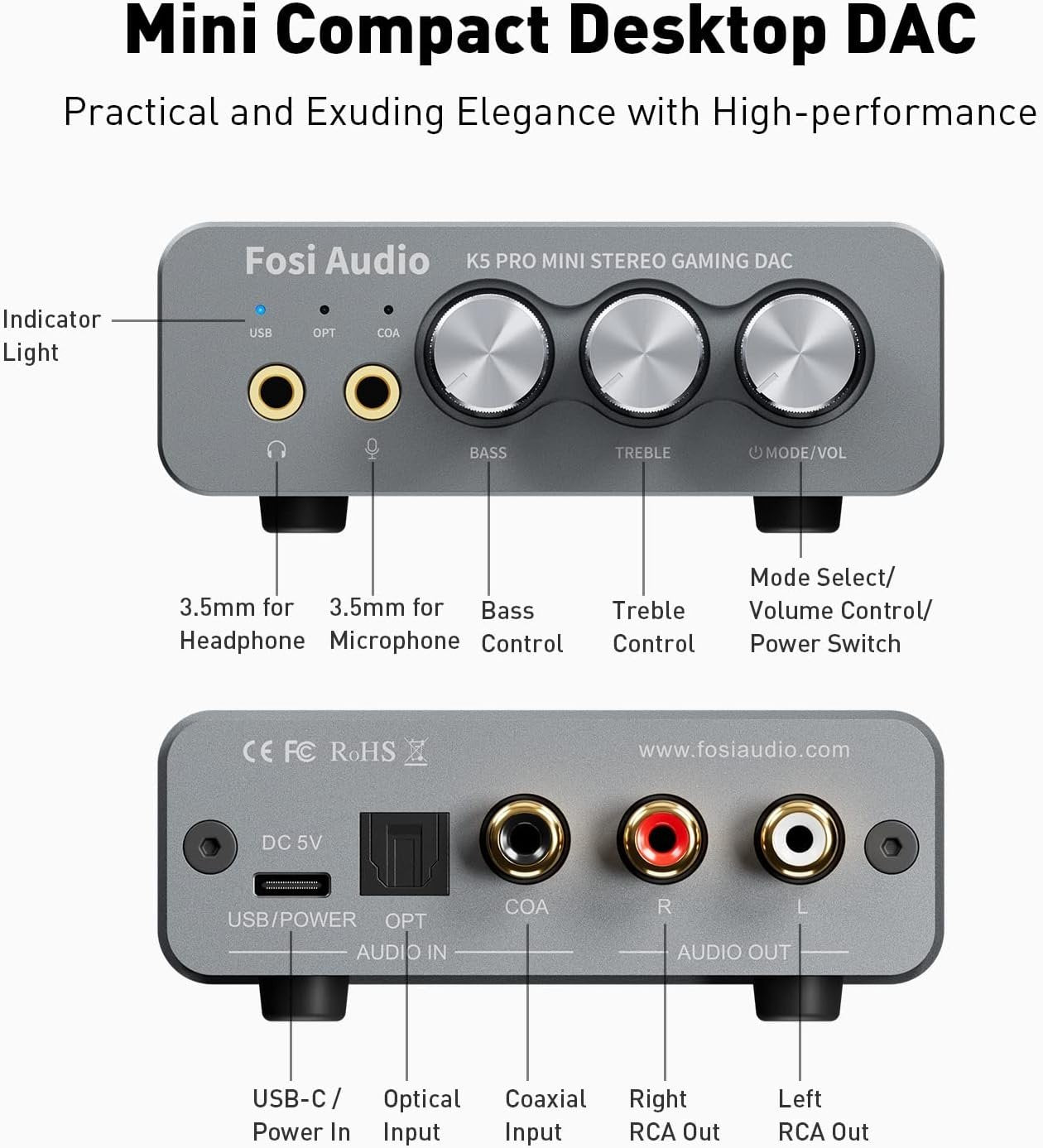 Fosi Audio K5PRO Gaming mini DAC vahvistin PS5/PC/MAC, USB-C/optinen/koaksiaalinen 3,5 mm/RCA:lle