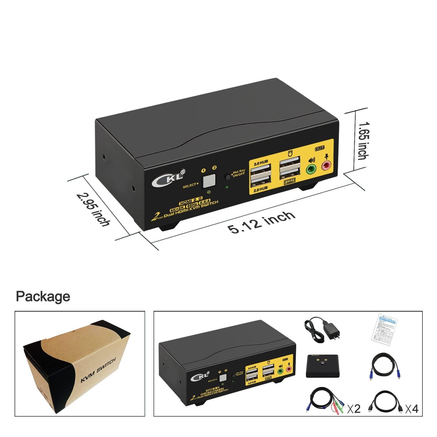 KVM 2x2 HDMI Switch Dual Monitor HDMI2.0 4K60Hz 4:4:4, 1x3.5mm ja 4xUSB-A