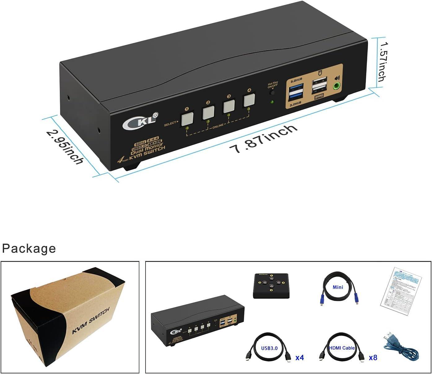 KVM 4x2 HDMI Switch Dual Monitor HDMI2.0 4K60Hz 4:4:4, 1x3.5mm ja 4xUSB-A