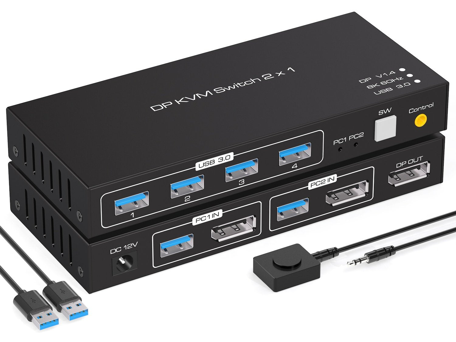 NÖRDIC KVM-kytkin 2–1 DisplayPort–DisplayPort, 8K60Hz/4K120Hz, 4x USB-A