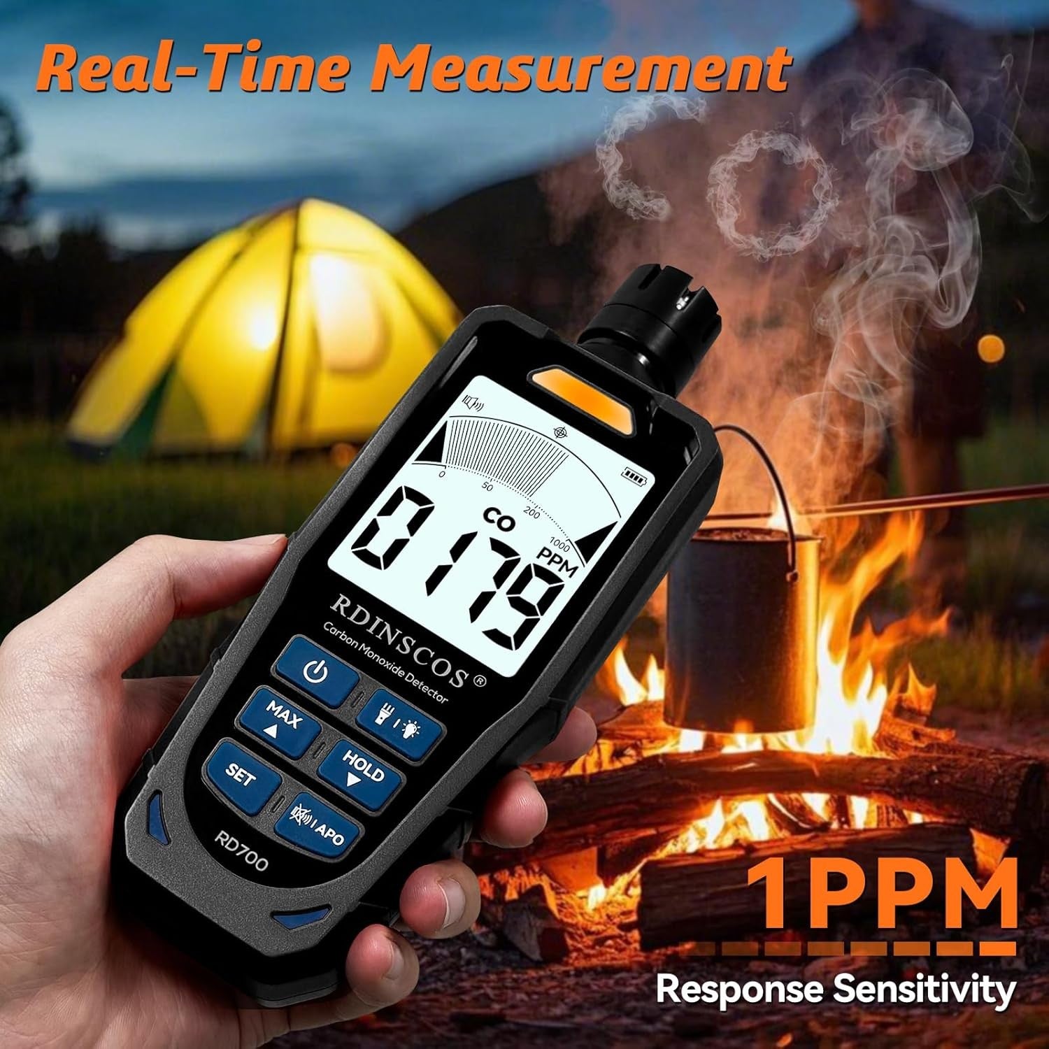 Kolmonoxiddetektor 0 ~ 1 000 ppm med LCD-skärm, bärbart CO-larm med visuella och hörbara larm, uppladdningsbar CO-detektor för hem, camping, utomhus