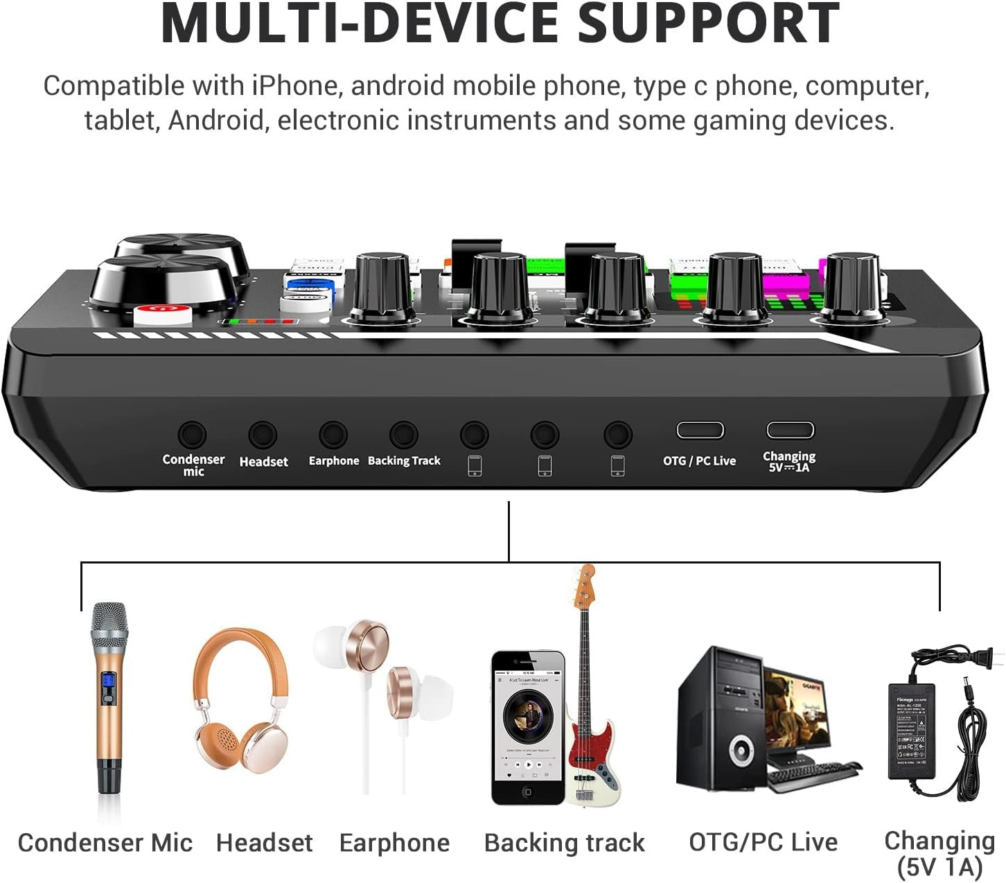 Live Sound Card -äänimikseri, podcast-ääniliitäntä DJ-miksaustehosteilla PS4-, PS5-, karaoke-, TikTok-, YouTube-, suoratoisto-, tallennus- ja pelikäyttöön