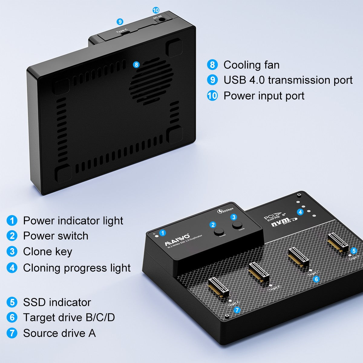 MAIWO 4 Bay M.2 NVMe SSD USB4.0 Dock, Cloner Duplicator, Supports 1-to-3 Offline Clone & Software RAID,40Gbps compatible with Thunderbolt 4/3