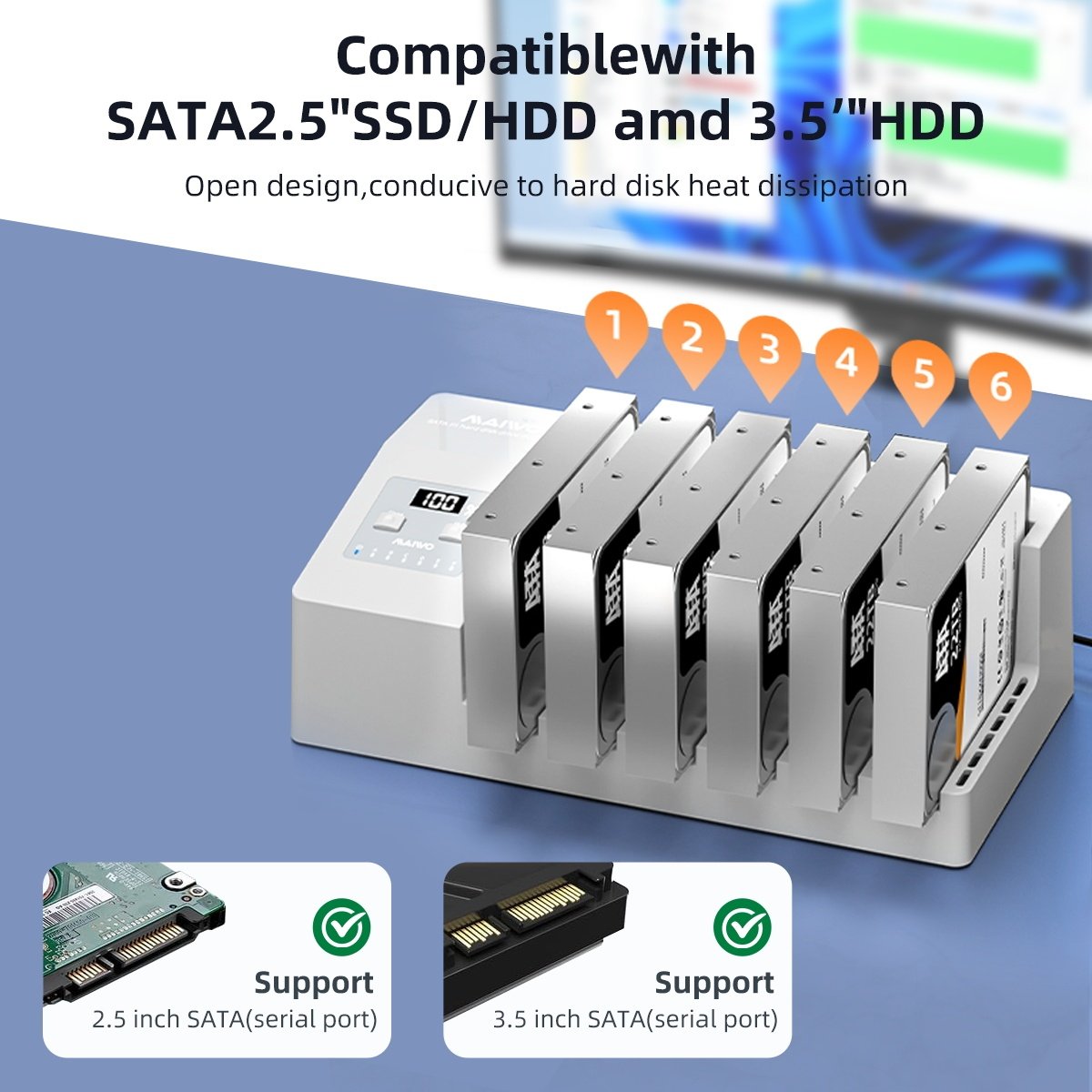 MAIWO 6x HDD:n kloonaus ja telakointiasema, 2,5"/3,5" SATA HDD, USB-C 3.0 5Gbps