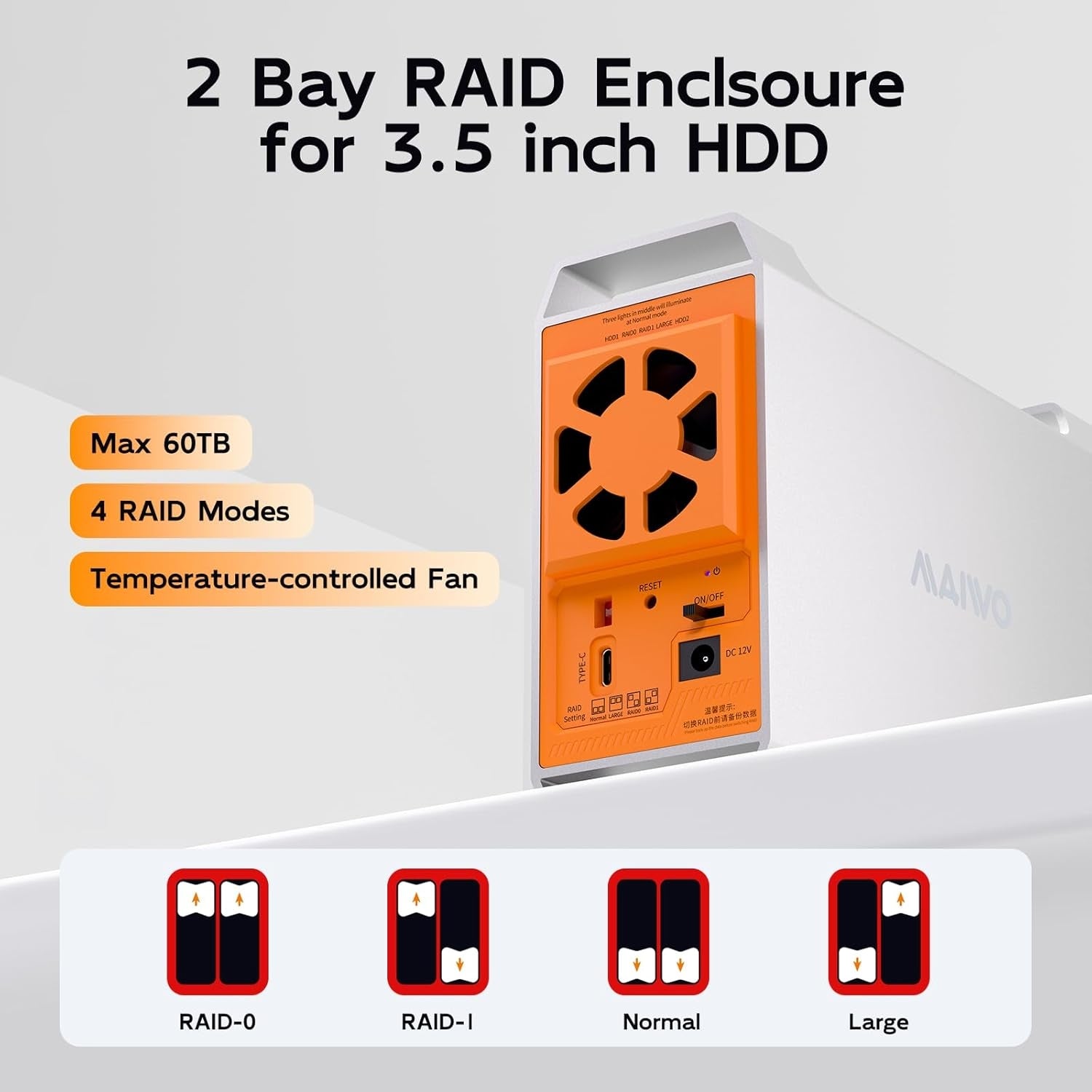 MAIWO 2-paikkainen SATA RAID -kotelo 3,5" HDD:lle, salamannopea 5Gbps, RAID 1/0/JBOD, 2x30TB