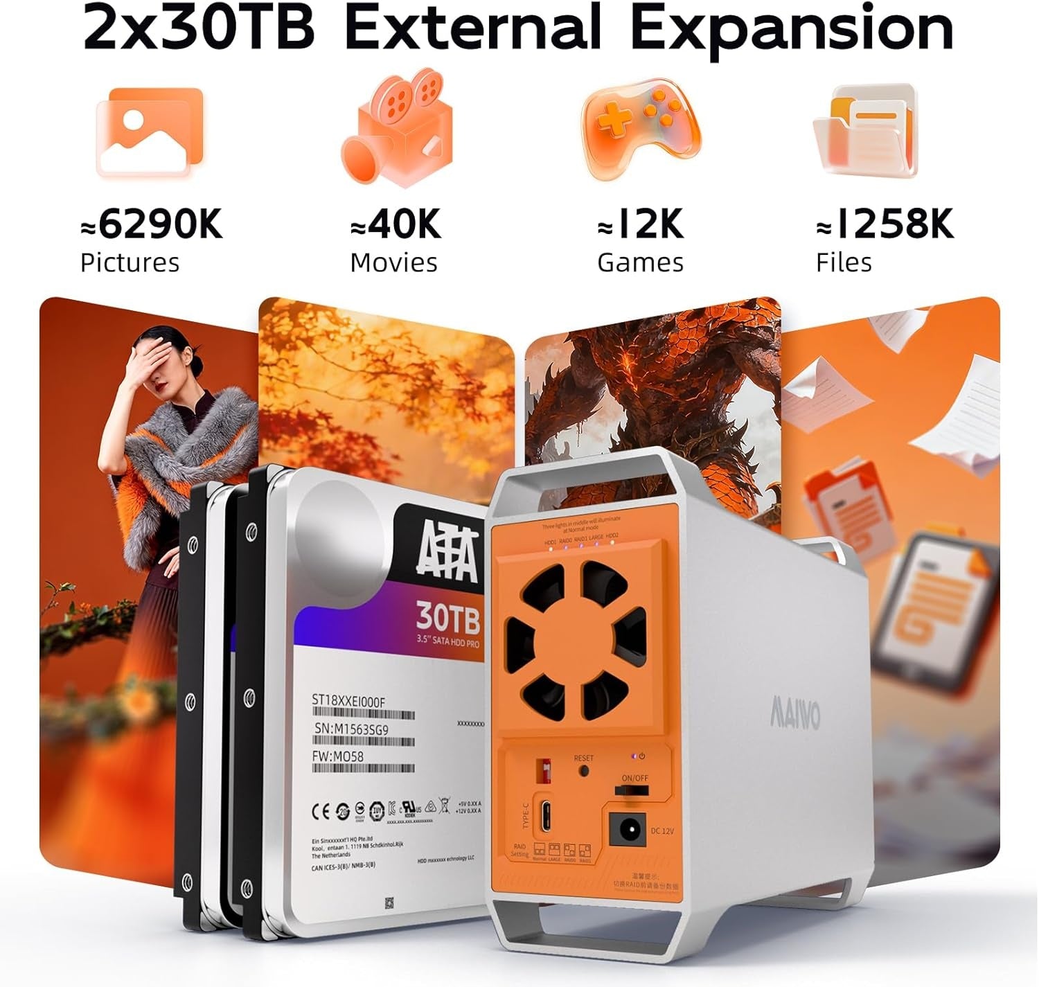MAIWO 2-paikkainen SATA RAID -kotelo 3,5" HDD:lle, salamannopea 5Gbps, RAID 1/0/JBOD, 2x30TB