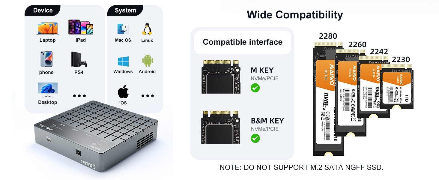 Maiwo 4-paikkainen M.2 NVMe SSD -telakointiasema kloonaustoiminnolla, USB 4.0 Type-C 40Gbps