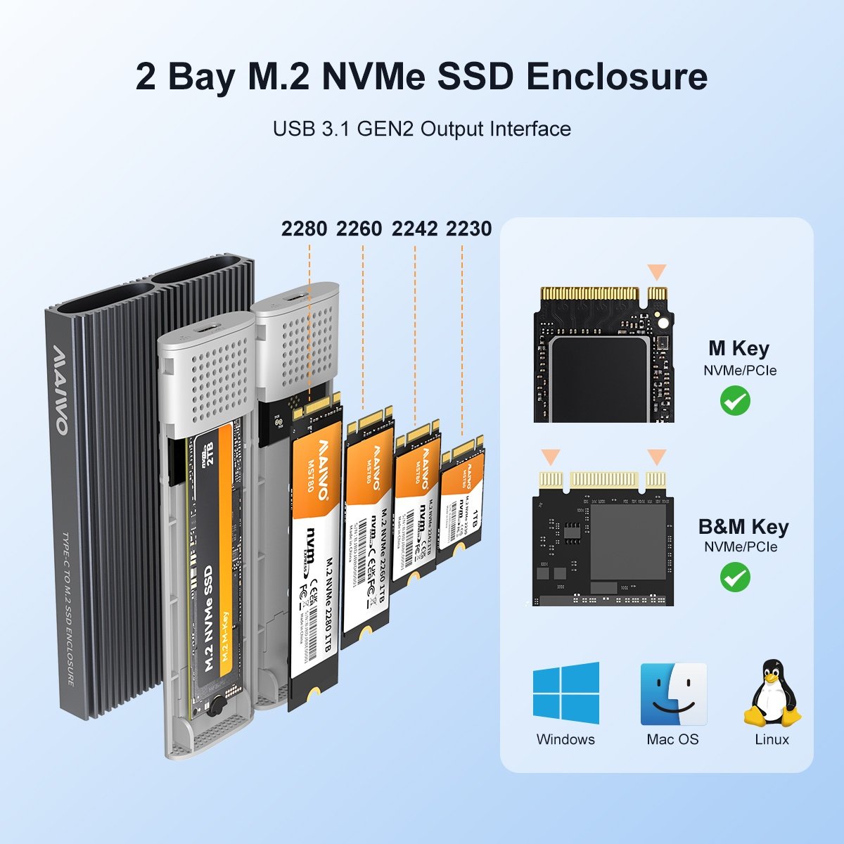 Maiwo Dual Disk NVMe SSD -kotelo USB-C 3.1 GEN2 10 Gbps