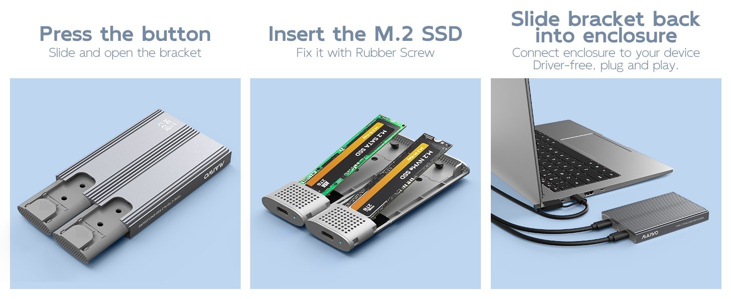 Maiwo Dual Disk NVMe SSD -kotelo USB-C 3.1 GEN2 10 Gbps