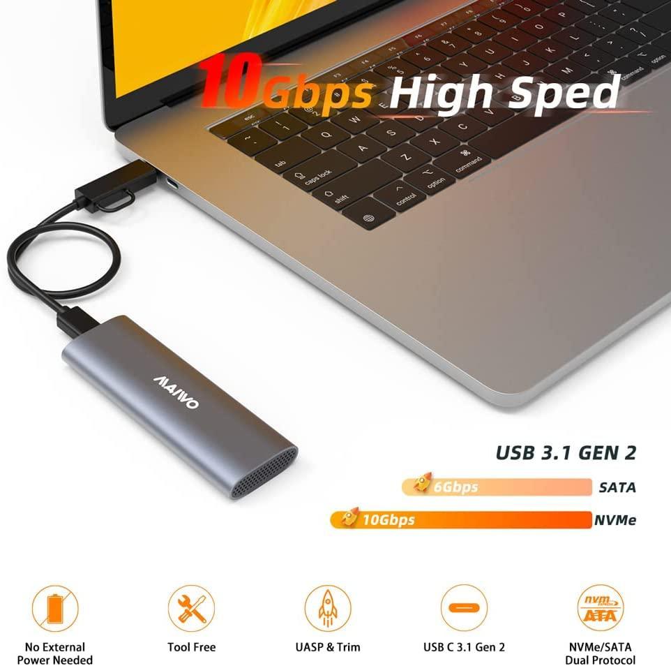 Maiwo K1689 M.2 SATA & NVMe SSD -yhdistelmä USB3.2 Gen2:lle 10 Gbps ulkoinen kotelo ruuviton alumiinirakenne