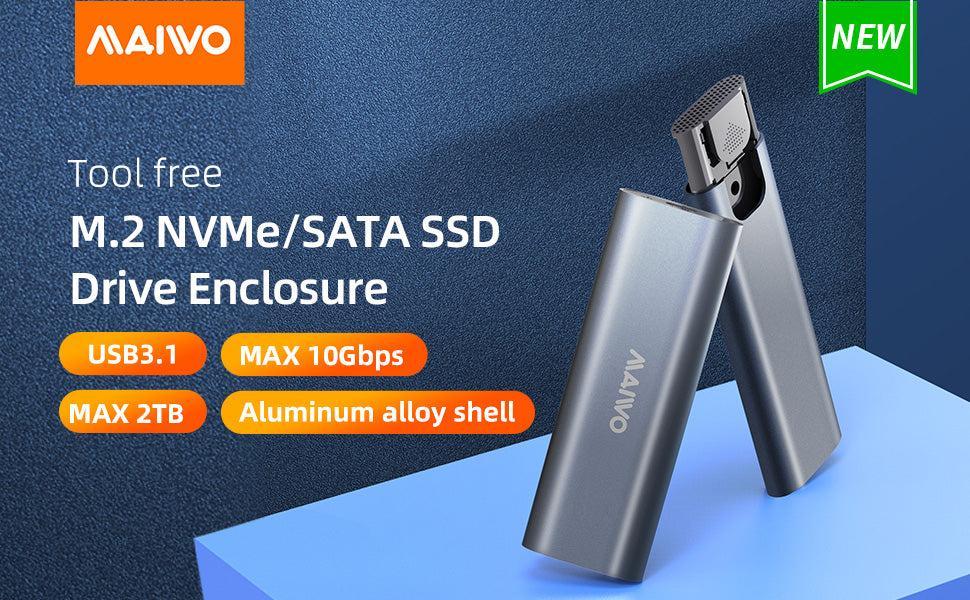 Maiwo K1689 M.2 SATA & NVMe SSD -yhdistelmä USB3.2 Gen2:lle 10 Gbps ulkoinen kotelo ruuviton alumiinirakenne