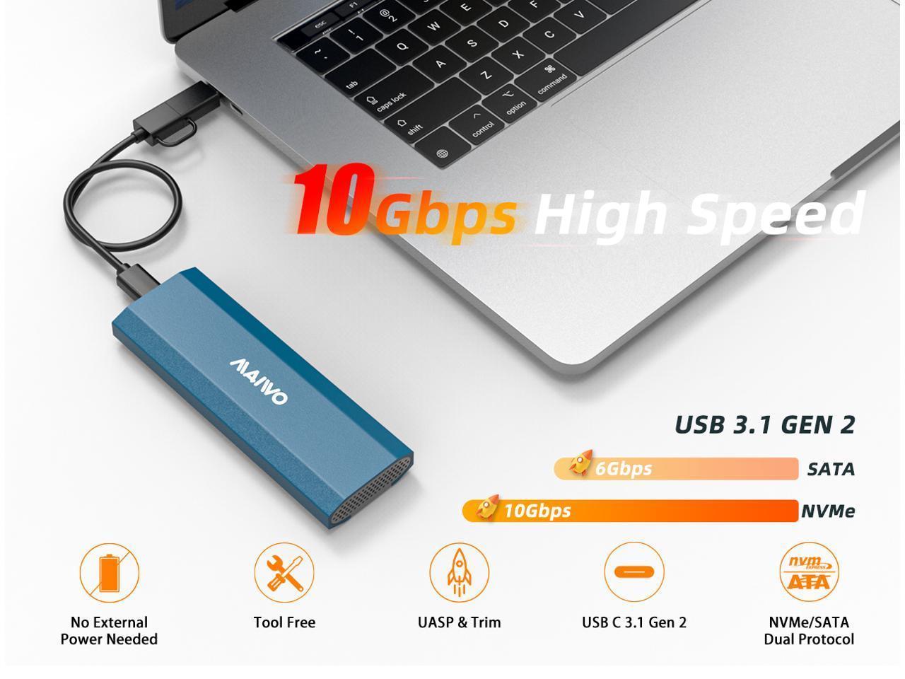 Maiwo K1690 M.2 SATA & NVMe SSD yhdistelmä USB3.2 Gen2 10Gbps ulkoiselle kotelolle ruuviton alumiinirakenne