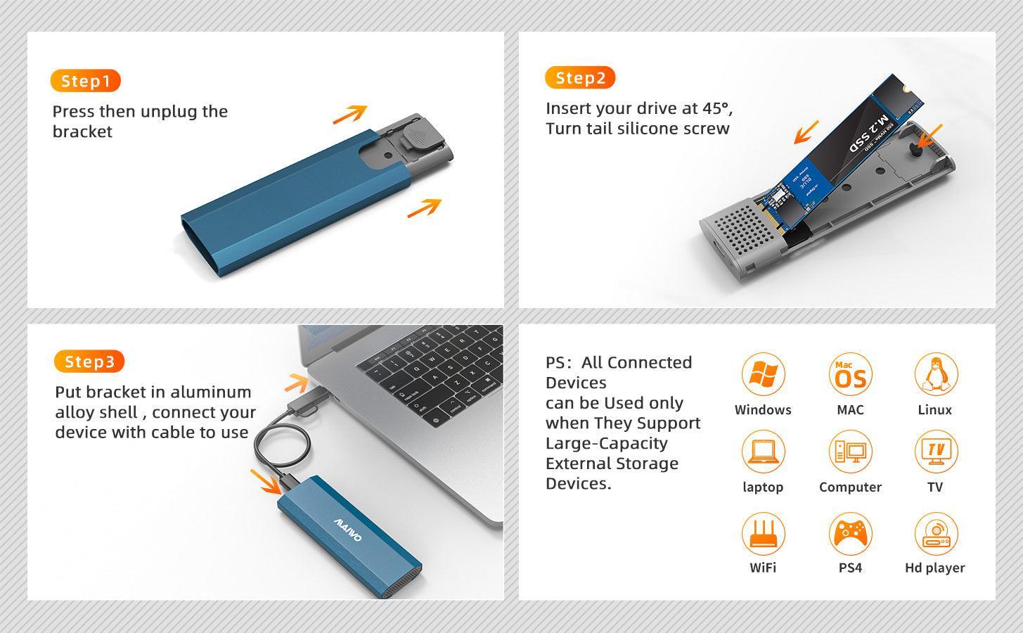 Maiwo K1690 M.2 SATA & NVMe SSD yhdistelmä USB3.2 Gen2 10Gbps ulkoiselle kotelolle ruuviton alumiinirakenne