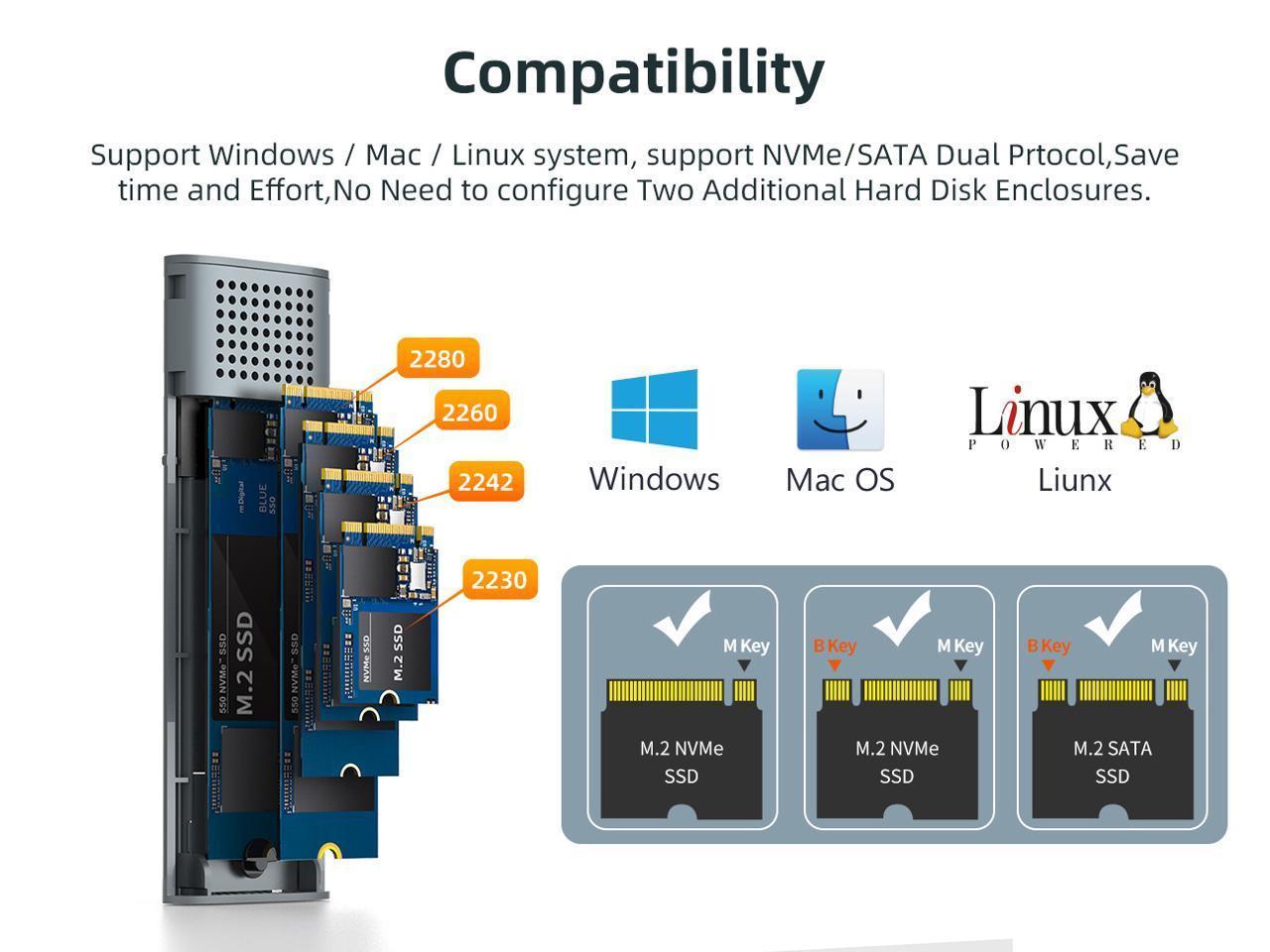 Maiwo K1690 M.2 SATA & NVMe SSD yhdistelmä USB3.2 Gen2 10Gbps ulkoiselle kotelolle ruuviton alumiinirakenne