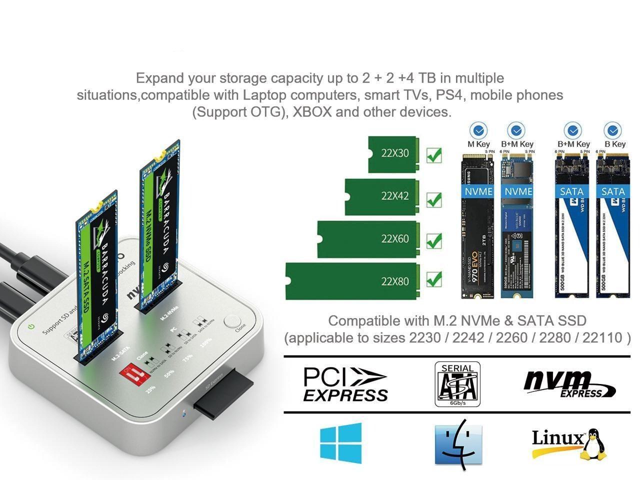 Maiwo K3016CL-telakointiasema kiintolevyn kloonaukseen, SATA ja NVMe SSD 1:1, 10 Gb/s, M-Key ja B+M Key, SD Express -kortinlukija