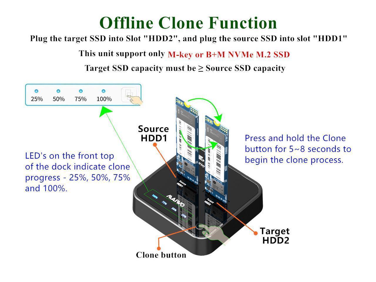 Maiwo K3016P-telakointiasema kiintolevyn kloonaukseen, NVMe SSD 1:1, 10 Gb/s, M-Key ja B+M Key