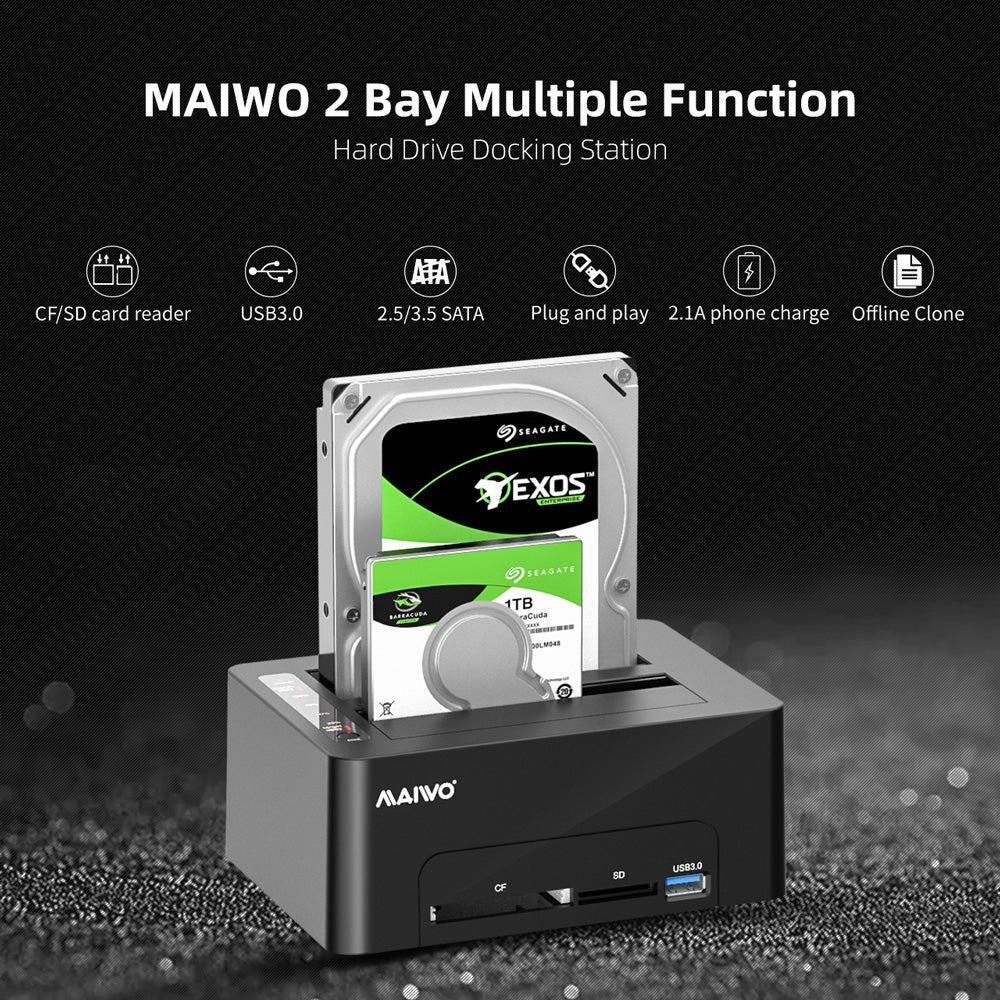 Maiwo K3082CR USB C 3.1 GEN1 5 Gb/s telakointiasema, 2 kpl SATA HDD SDD 14 Tt, UASP-tuki, SATAIII 6 Gb/s -tuki, kloonaus, kortinlukija, USB-keskitin