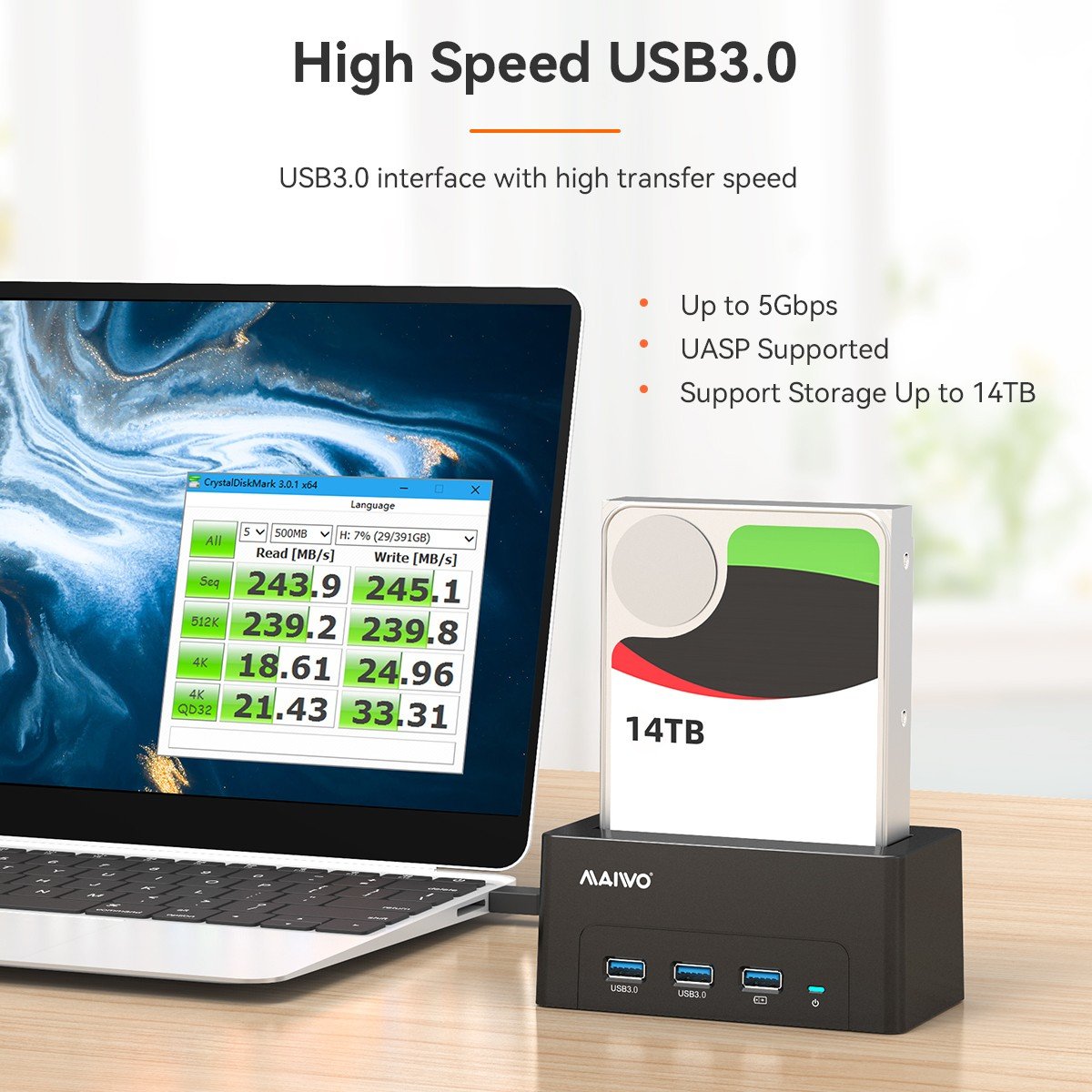 Maiwo K308H USB 3.1 GEN1 5 Gb/s:n telakointiasema 1 kpl 2,5–3,5 SATA-kiintolevylle ja SSD:lle 14 Tt saakka, UASP 3x USB3.1 -keskittimen tuki