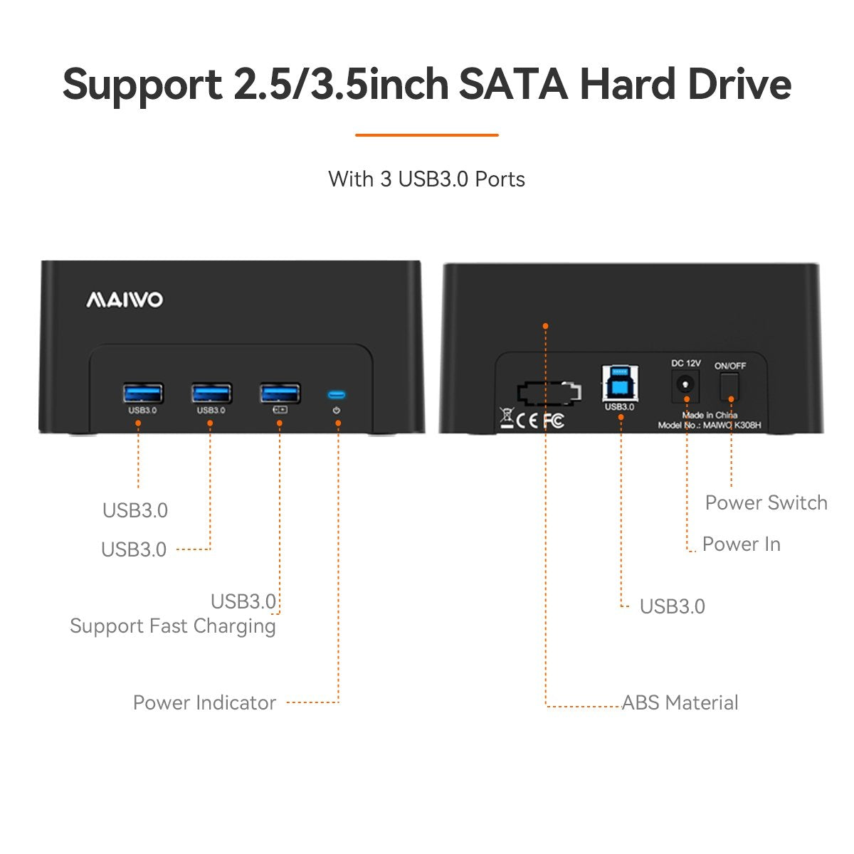 Maiwo K308H USB 3.1 GEN1 5 Gb/s:n telakointiasema 1 kpl 2,5–3,5 SATA-kiintolevylle ja SSD:lle 14 Tt saakka, UASP 3x USB3.1 -keskittimen tuki