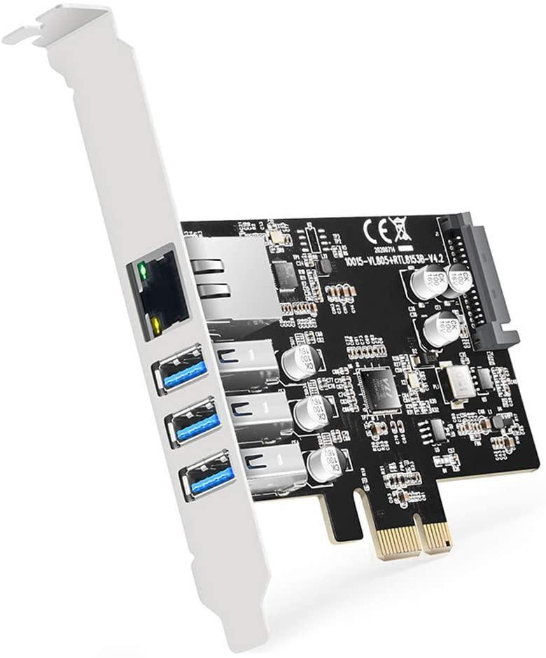 Maiwo KC015 PCI Express x1 -kortti 3x USB3.0 5 Gb/s ja 1x Gigabit Ethernet