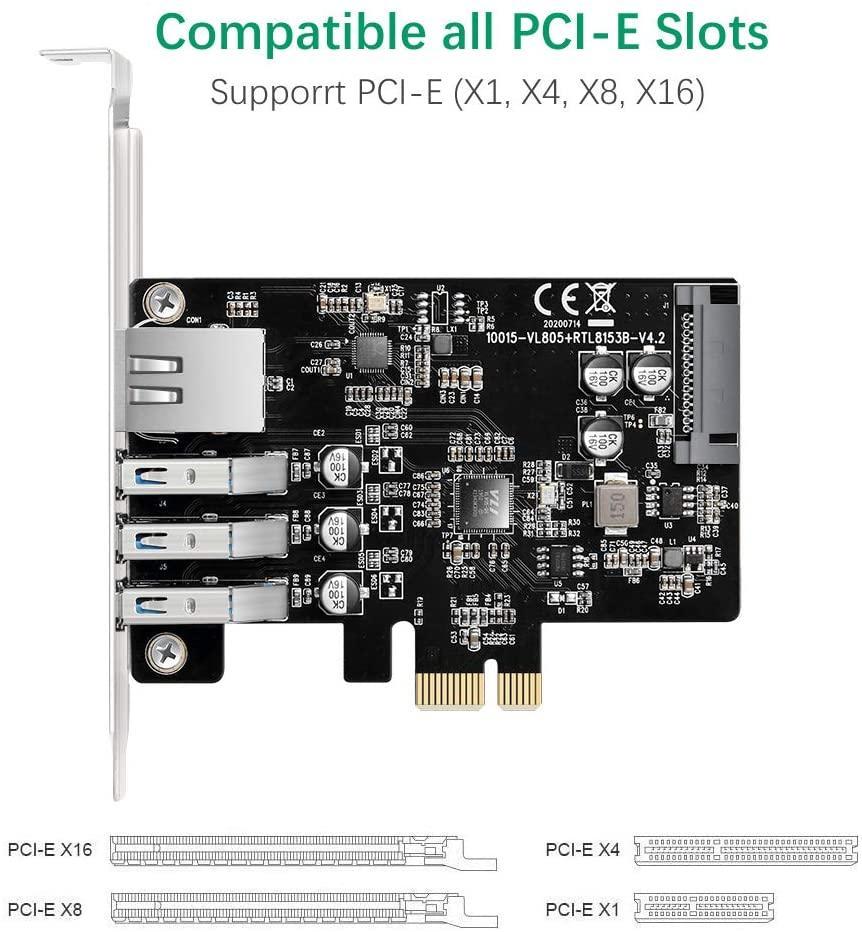 Maiwo KC015 PCI Express x1 -kortti 3x USB3.0 5 Gb/s ja 1x Gigabit Ethernet