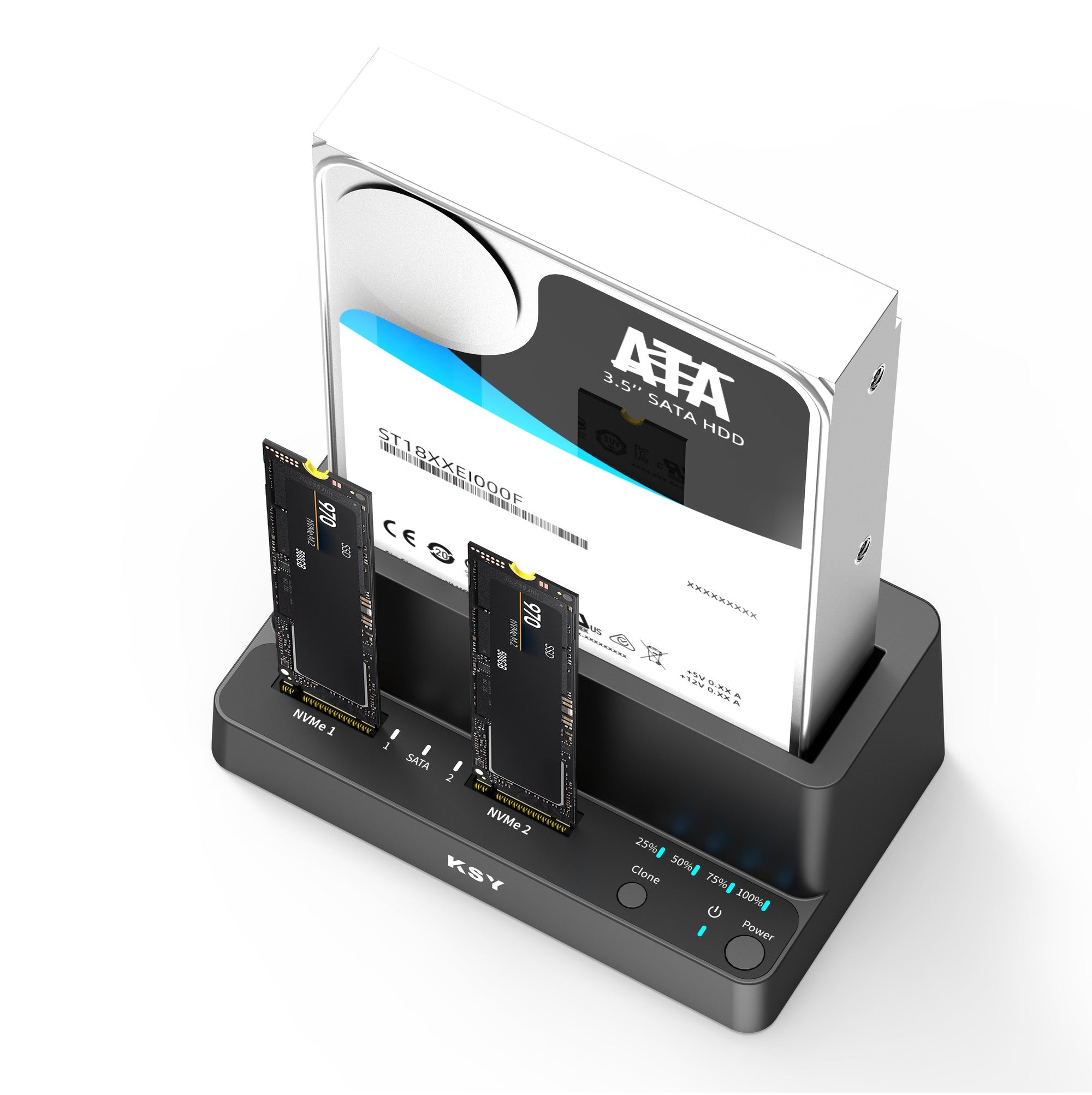 Maiwo Triple Bay HDD Clone -kotelo 2× SSD NVMe M.2:lle ja 1× SATA HDD:lle