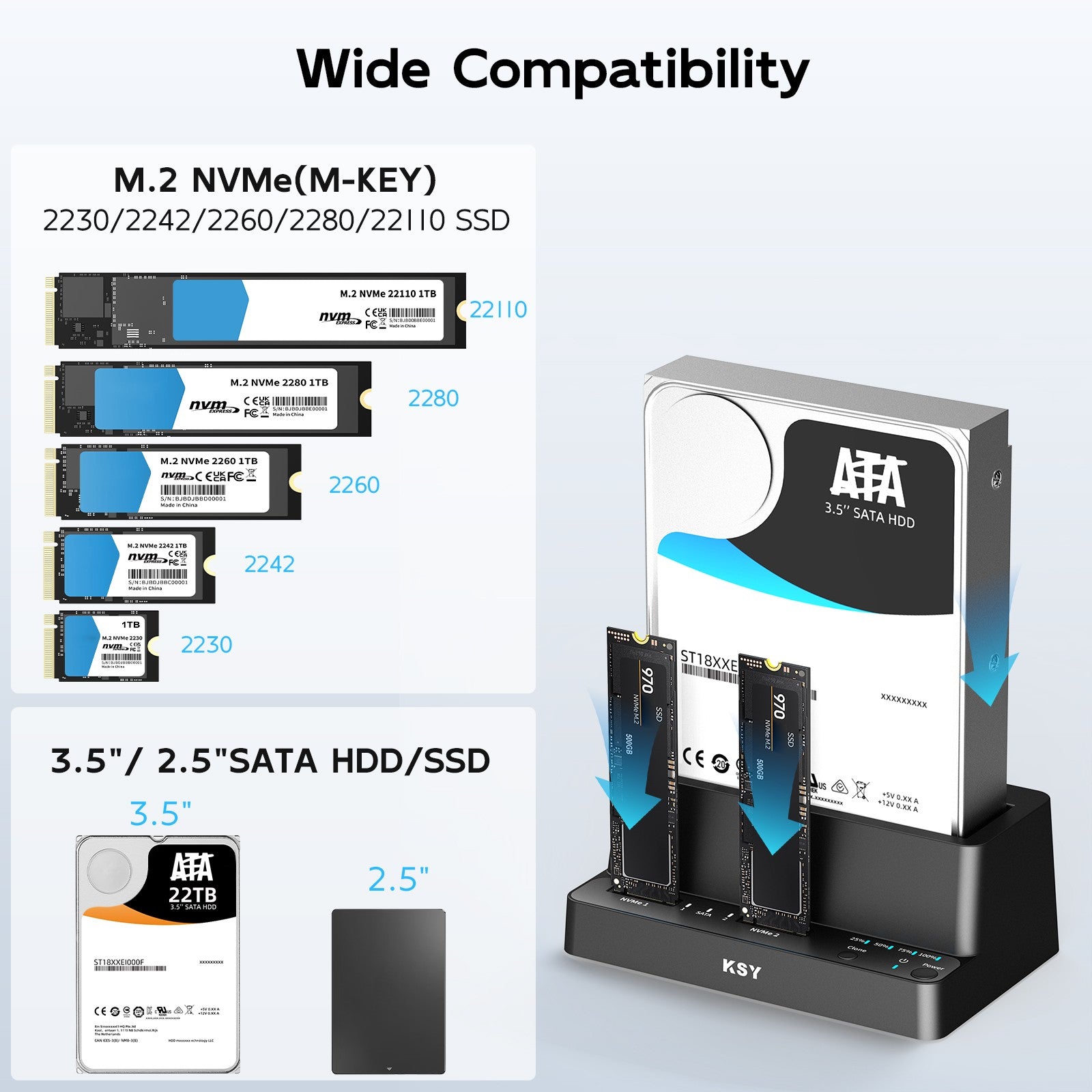 Maiwo Triple Bay HDD Clone -kotelo 2× SSD NVMe M.2:lle ja 1× SATA HDD:lle
