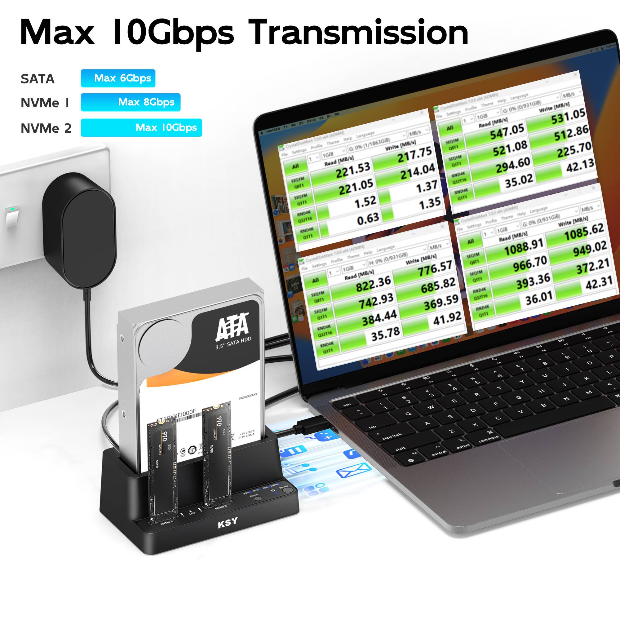 Maiwo Triple Bay HDD Clone -kotelo 2× SSD NVMe M.2:lle ja 1× SATA HDD:lle