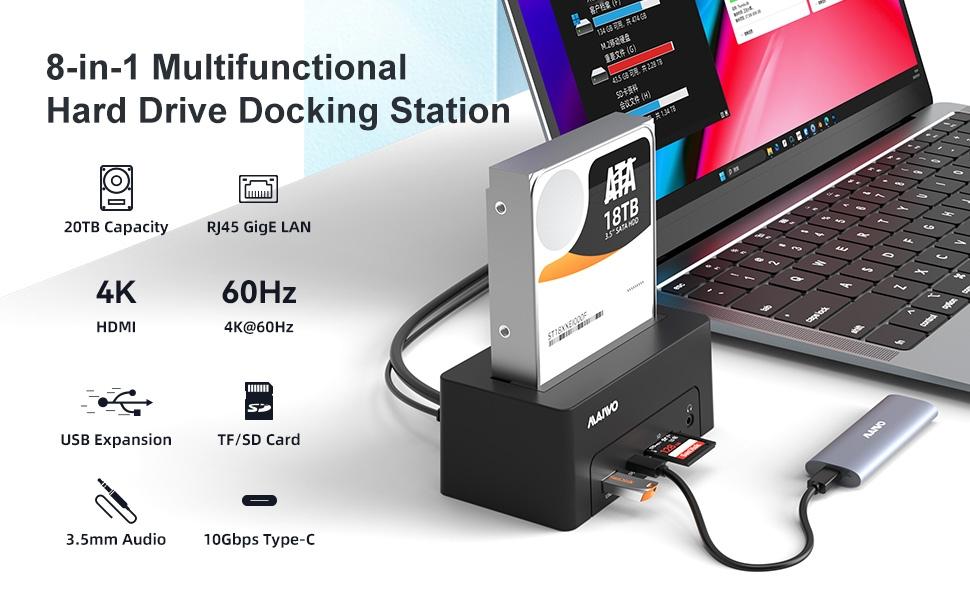 Maiwo USB-C-telakointiasema 2,5"/3,5" 2x SATA HDD SSD & SD/TF-muistikortti, HDMI2.0 4K60Hz RJ45 GigaLan USB-A & USB-C 10Gbps