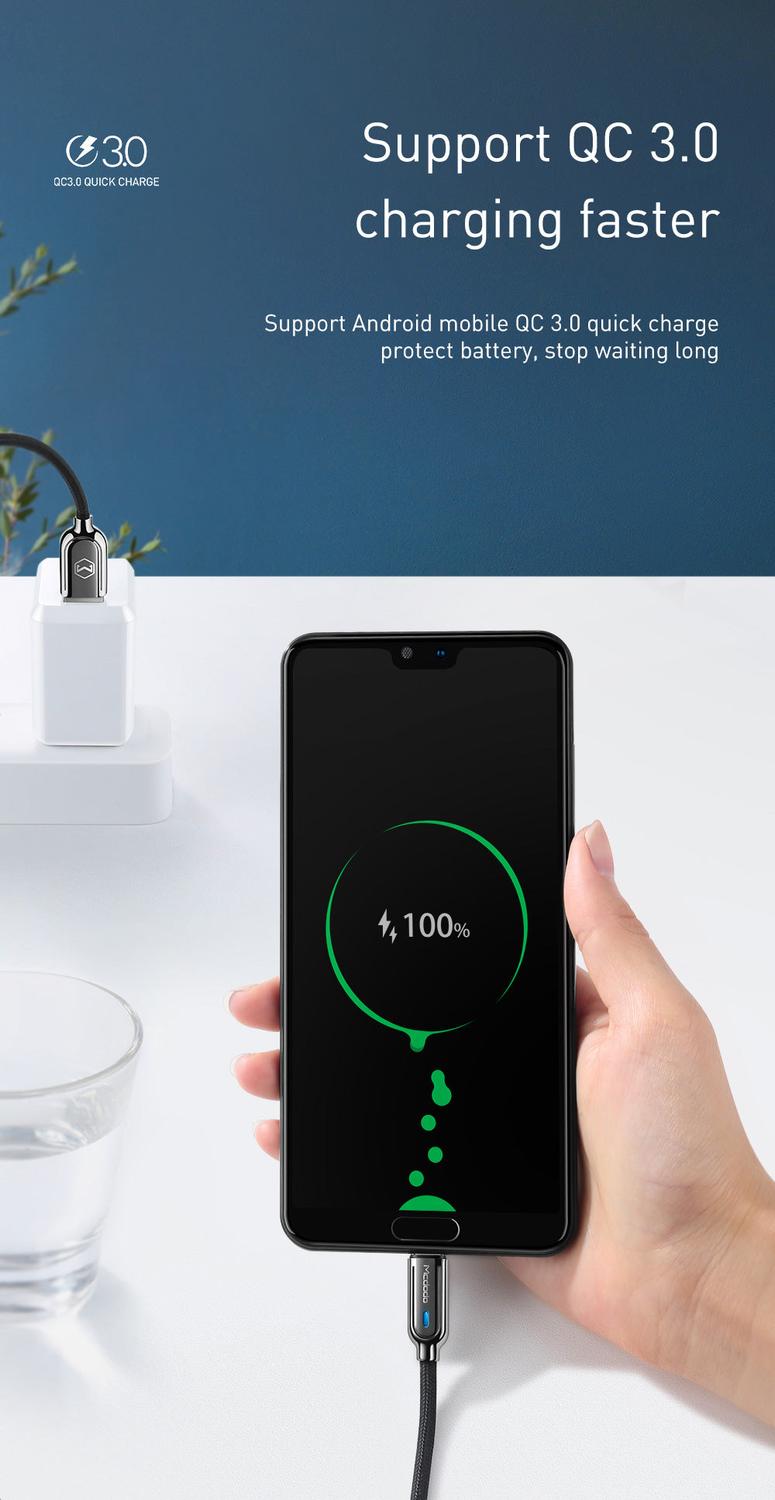 Mcdodo CA-6190 USB C–USB A -kaapeli synkronointiin ja nopeaan lataukseen, LED-merkkivalo, lataus päättyy automaattisesti, kun se on valmis, musta, 1 m