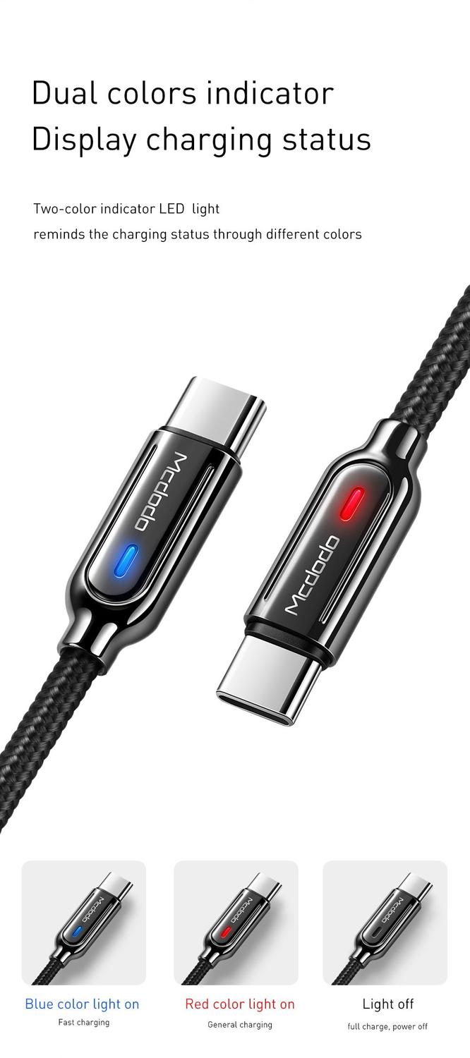 Mcdodo CA-6190 USB C–USB A -kaapeli synkronointiin ja nopeaan lataukseen, LED-merkkivalo, lataus päättyy automaattisesti, kun se on valmis, musta, 1 m