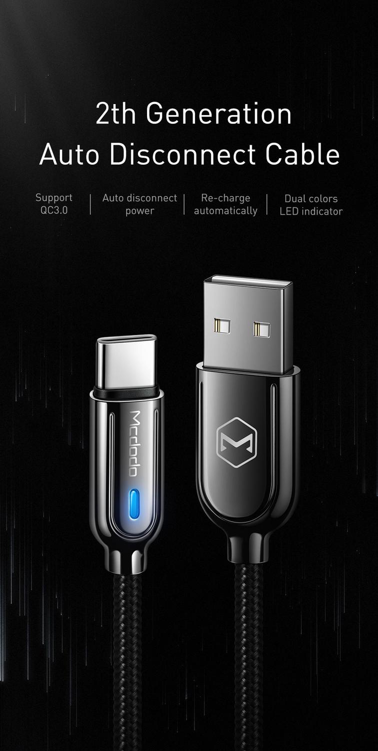 Mcdodo CA-6190 USB C–USB A -kaapeli synkronointiin ja nopeaan lataukseen, LED-merkkivalo, lataus päättyy automaattisesti, kun se on valmis, musta, 1 m
