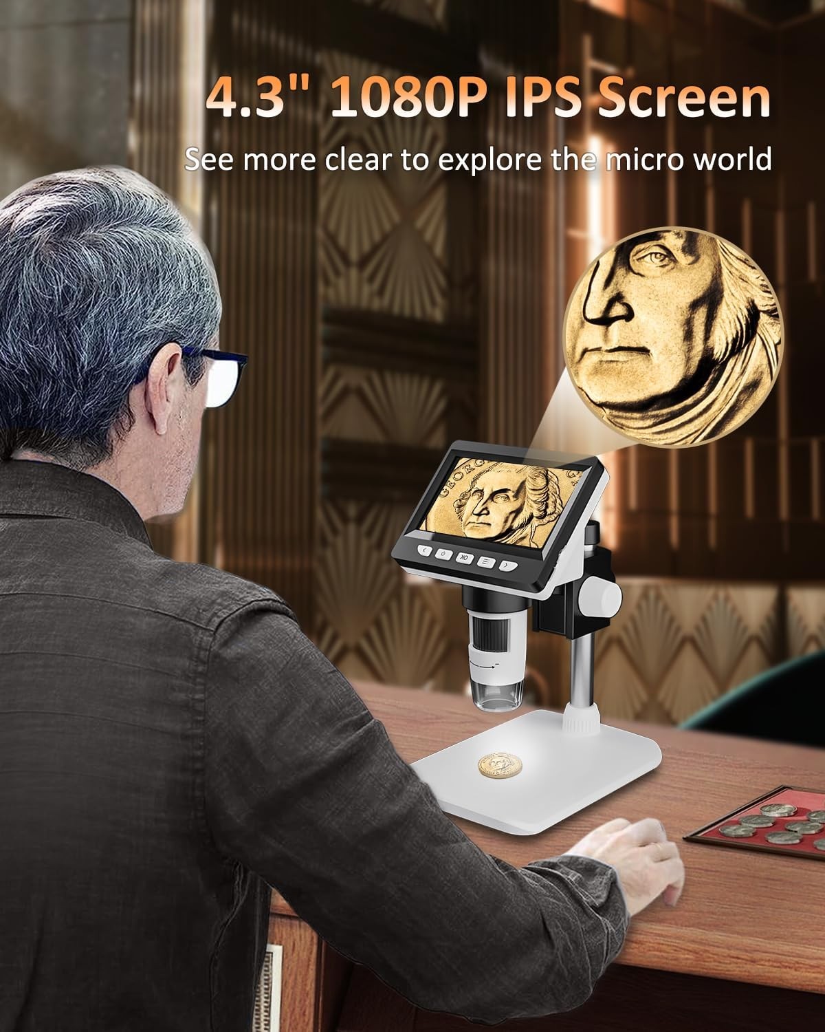 NÖRDIC Mikroskooppi Matkapuhelimille, LCD Digitaalinen Mikroskooppi 50X–500X, 4,3-tuumainen 1080P USB-mikroskooppi 8 säädettävällä LED-valolla ja PC-näkymällä