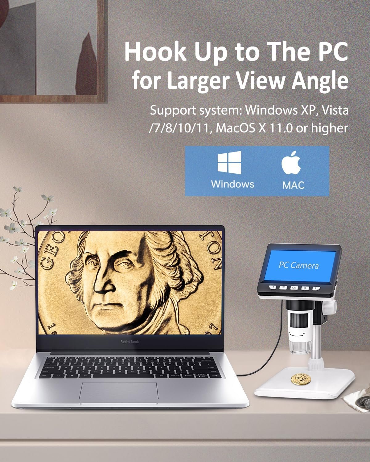 NÖRDIC Mikroskooppi Matkapuhelimille, LCD Digitaalinen Mikroskooppi 50X–500X, 4,3-tuumainen 1080P USB-mikroskooppi 8 säädettävällä LED-valolla ja PC-näkymällä