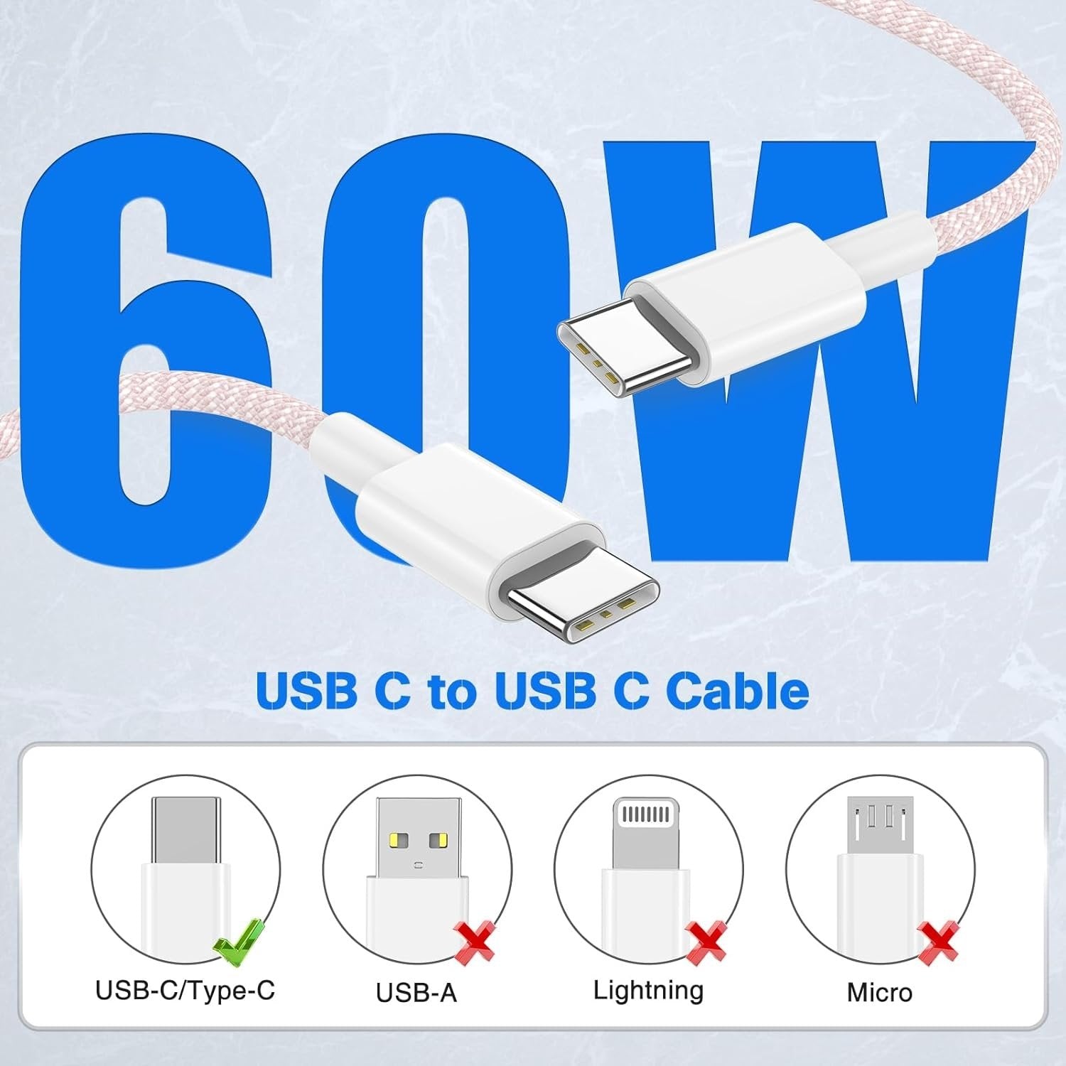 NÖRDIC 0,5 m USB 2.0 USB-C–C -kaapeli iPhone 15/15 Pro/15 Plus/15 Pro Max 3A 480 Mbps 60 W sininen