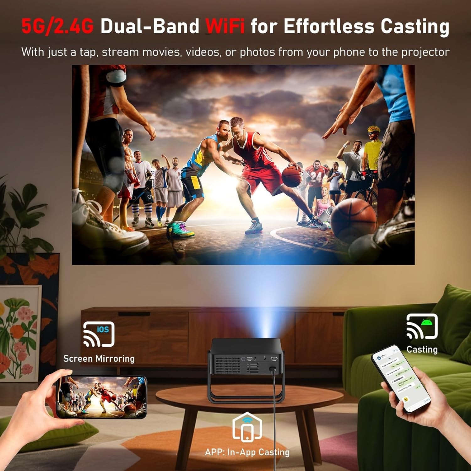 NÖRDIC 1080P Projektori, Sertifioitu Netflix, Prime Videolle, Disney+:lle ja YouTubelle, 300 ANSI lumenia, 2.4/5G WiFi 6 -tuki iOS/Androidille