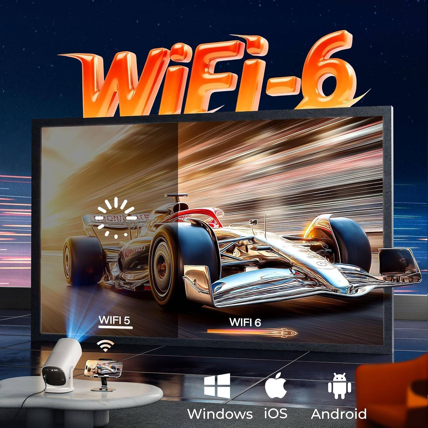 NÖRDIC 1080P Projektori, Sertifioitu Netflix, Prime Videolle, Disney+:lle ja YouTubelle, 300 ANSI lumenia, 2.4/5G WiFi 6 -tuki iOS/Androidille