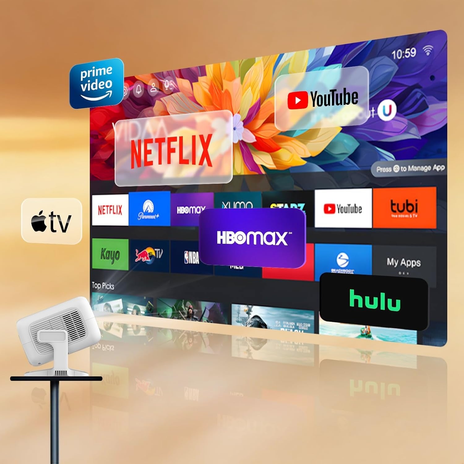 NÖRDIC 1080P Projektori Netflix-sertifioitu 200 ANSI lumen 2.4/5G WiFi 6 tuki iOS/Androidille