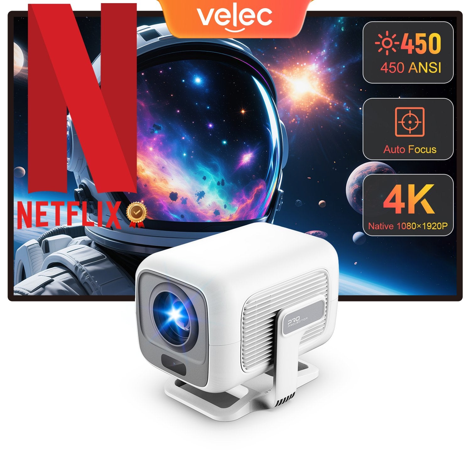 NÖRDIC 1080P Projektori Netflix-sertifioitu 200 ANSI lumen 2.4/5G WiFi 6 tuki iOS/Androidille