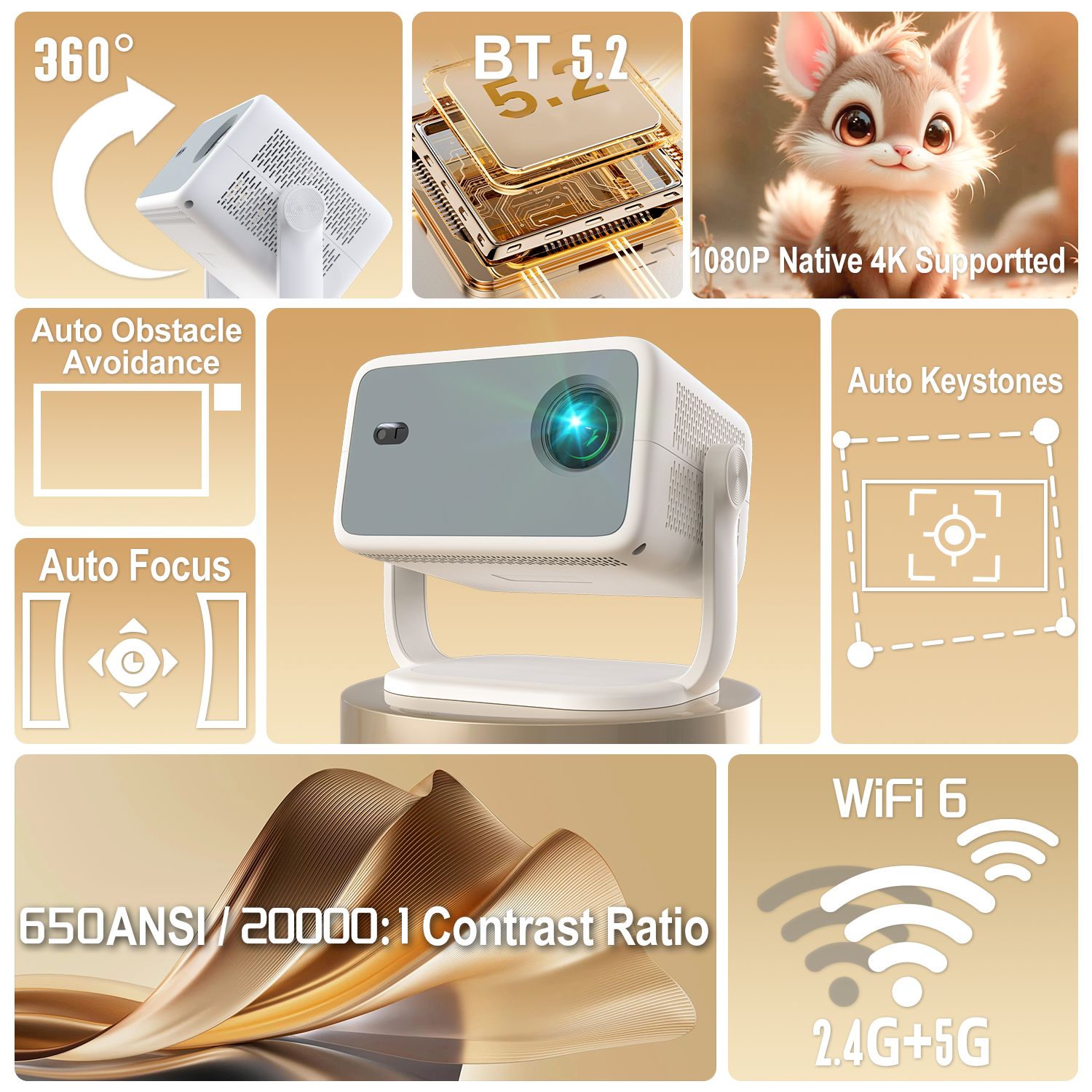 NÖRDIC 1080P Projektori Netflix-sertifioitu 320 ANSI lumen 2.4/5G WiFi 6 tuki iOS/Androidille