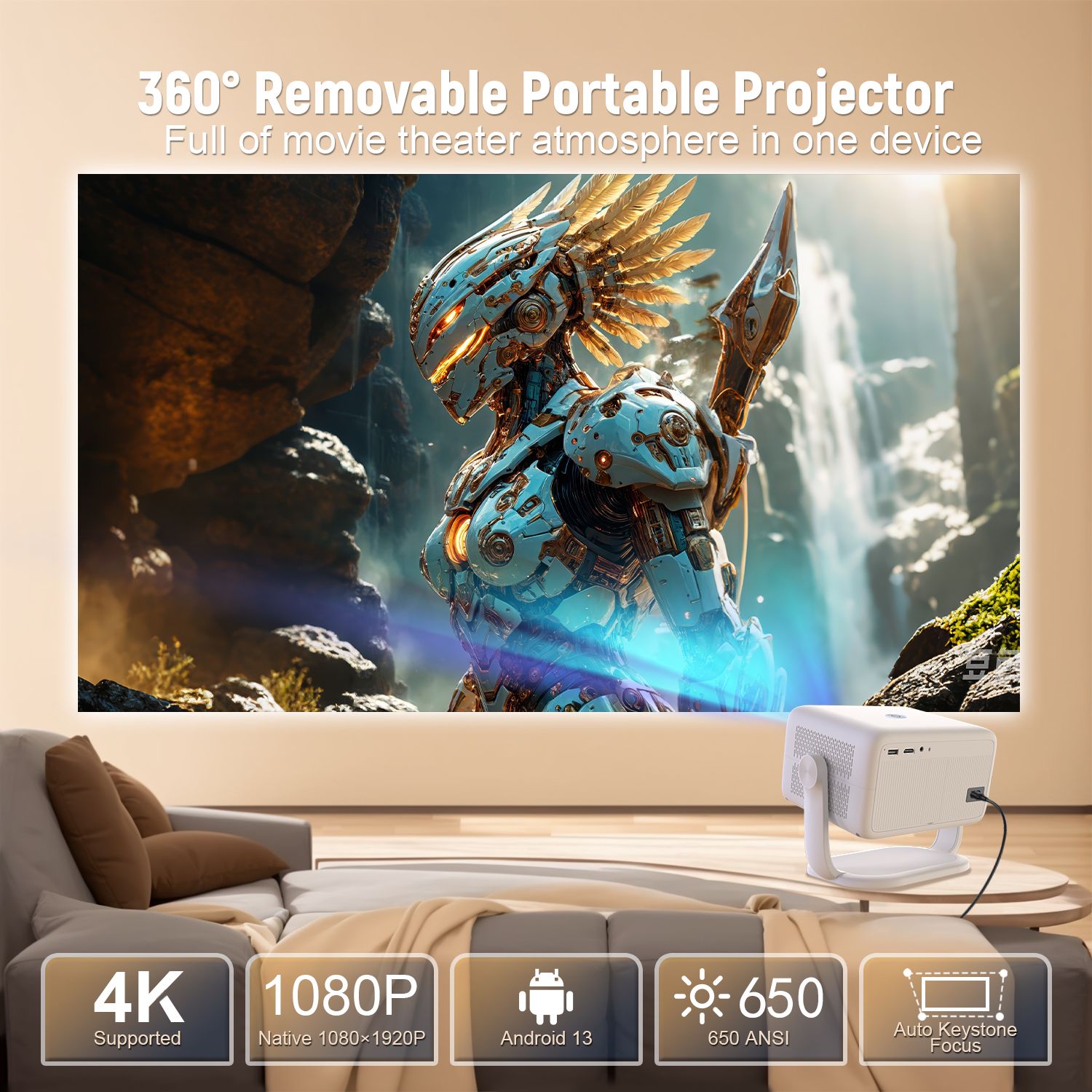 NÖRDIC 1080P Projektori Netflix-sertifioitu 320 ANSI lumen 2.4/5G WiFi 6 tuki iOS/Androidille
